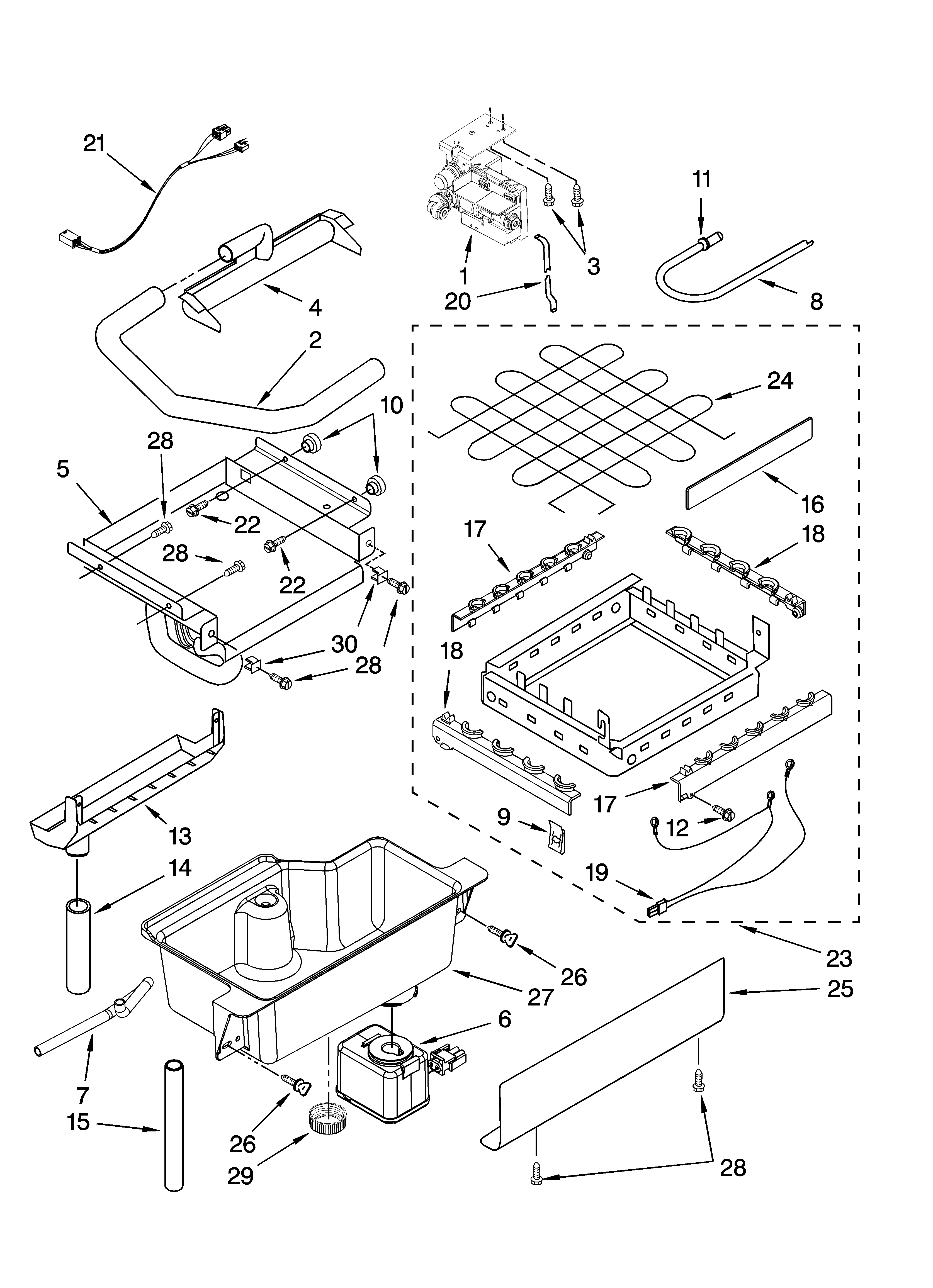 Whirlpool JEACS50SLF1 evaporator, ice cutter grid and water parts diagram