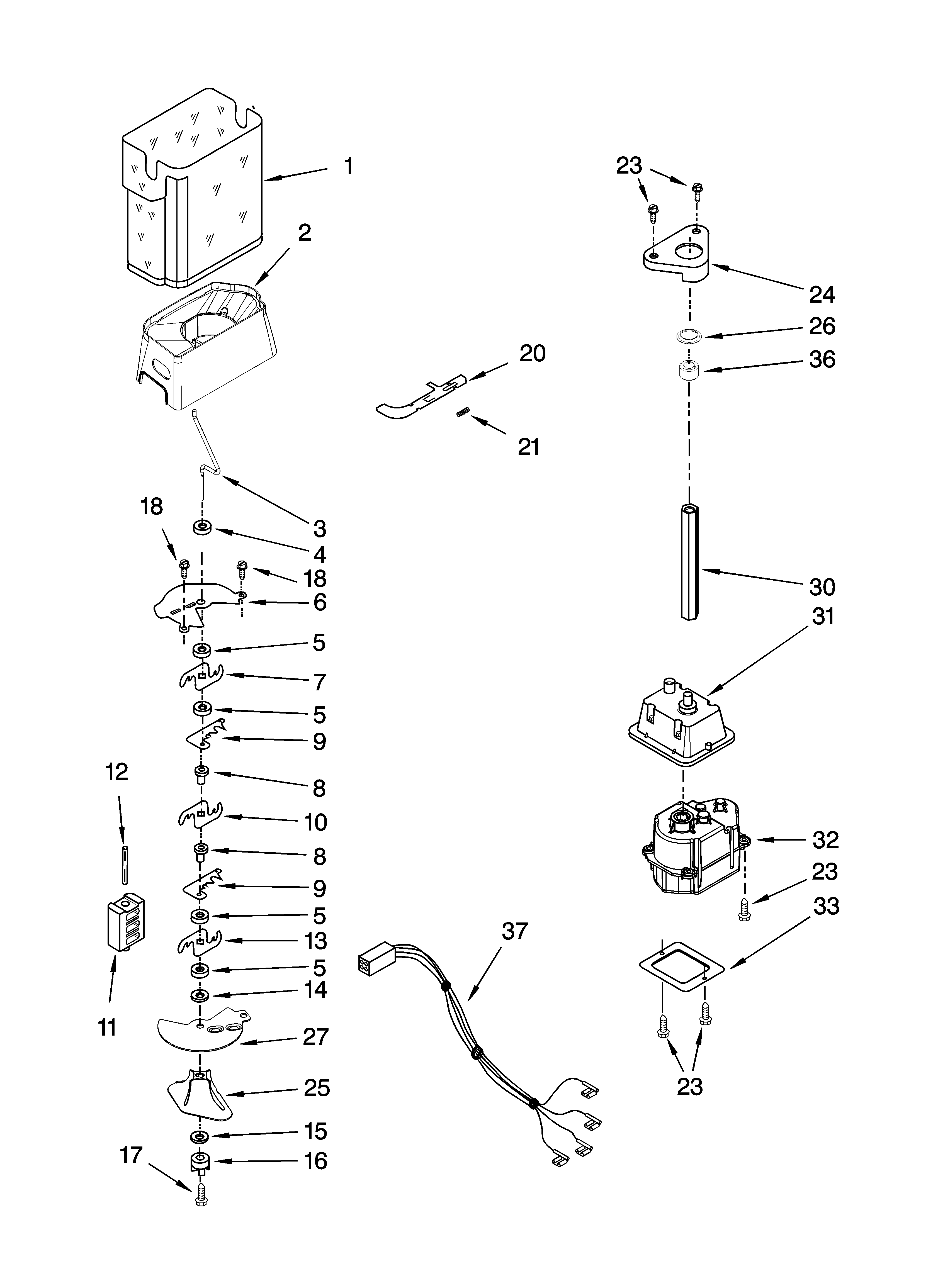 KitchenAid KSCS23FSMS02 motor and ice container parts diagram
