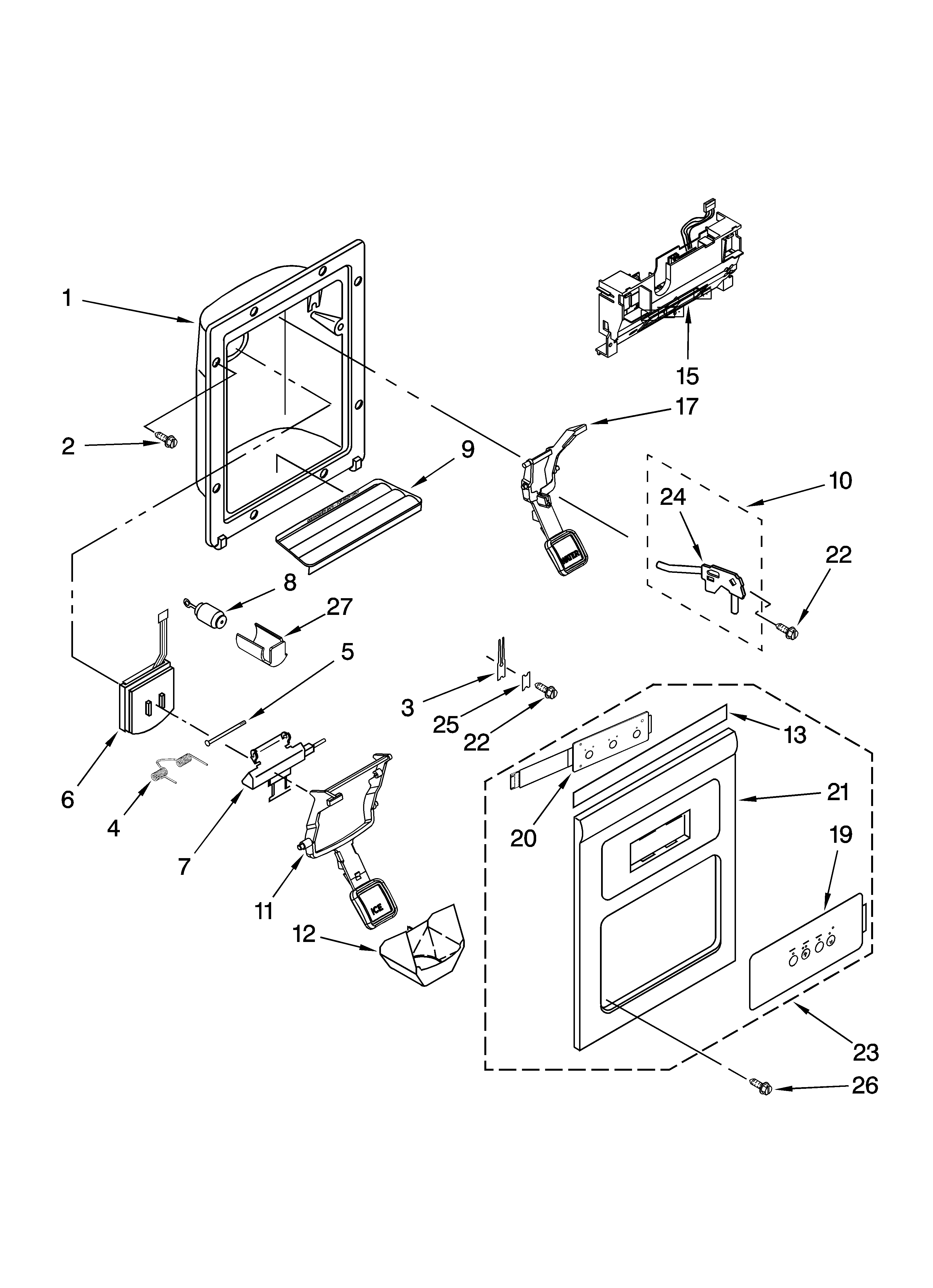 KitchenAid KSCS23FSMS02 dispenser front parts diagram
