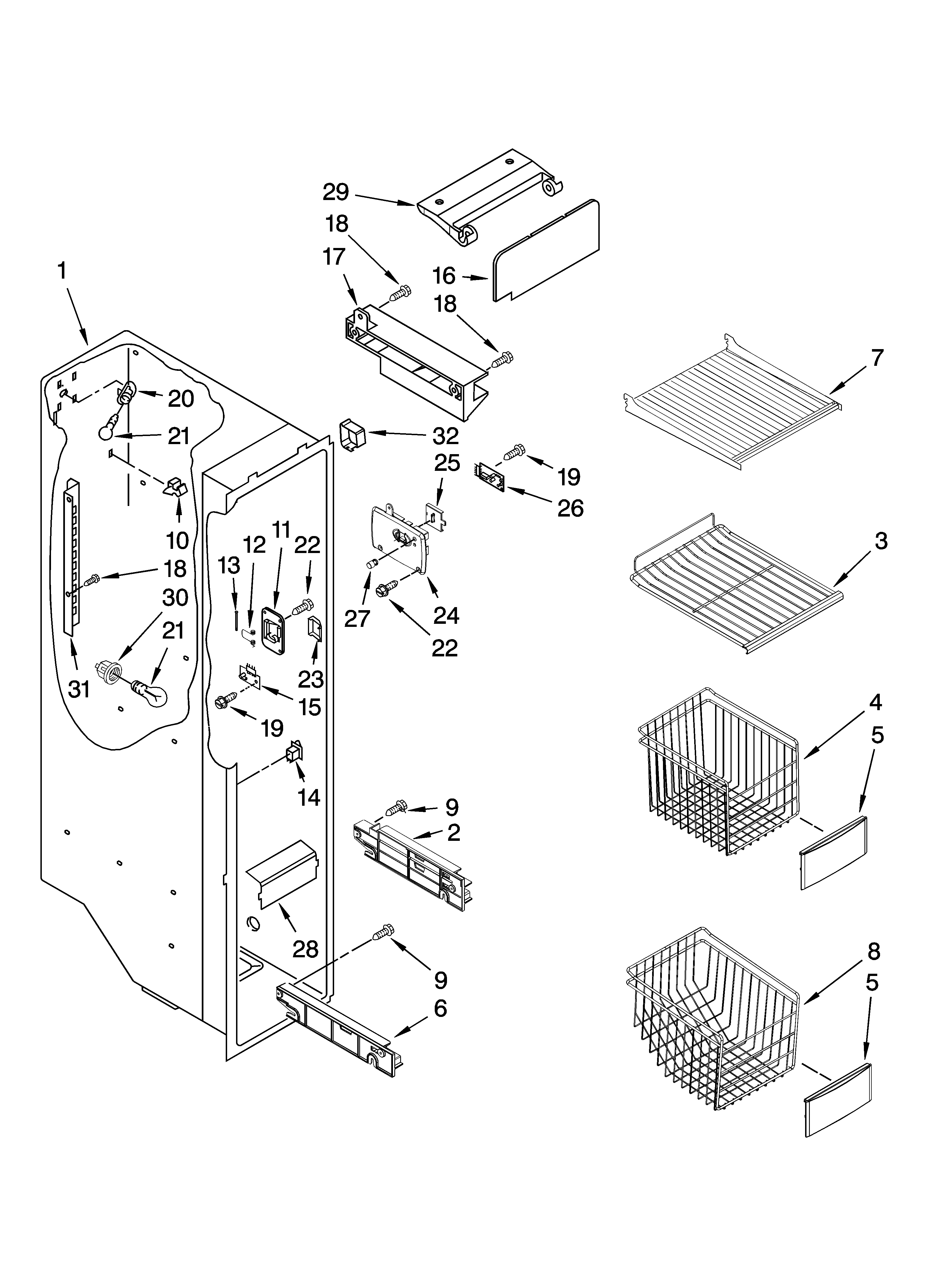 KitchenAid KSRG22FKBT19 freezer liner parts diagram