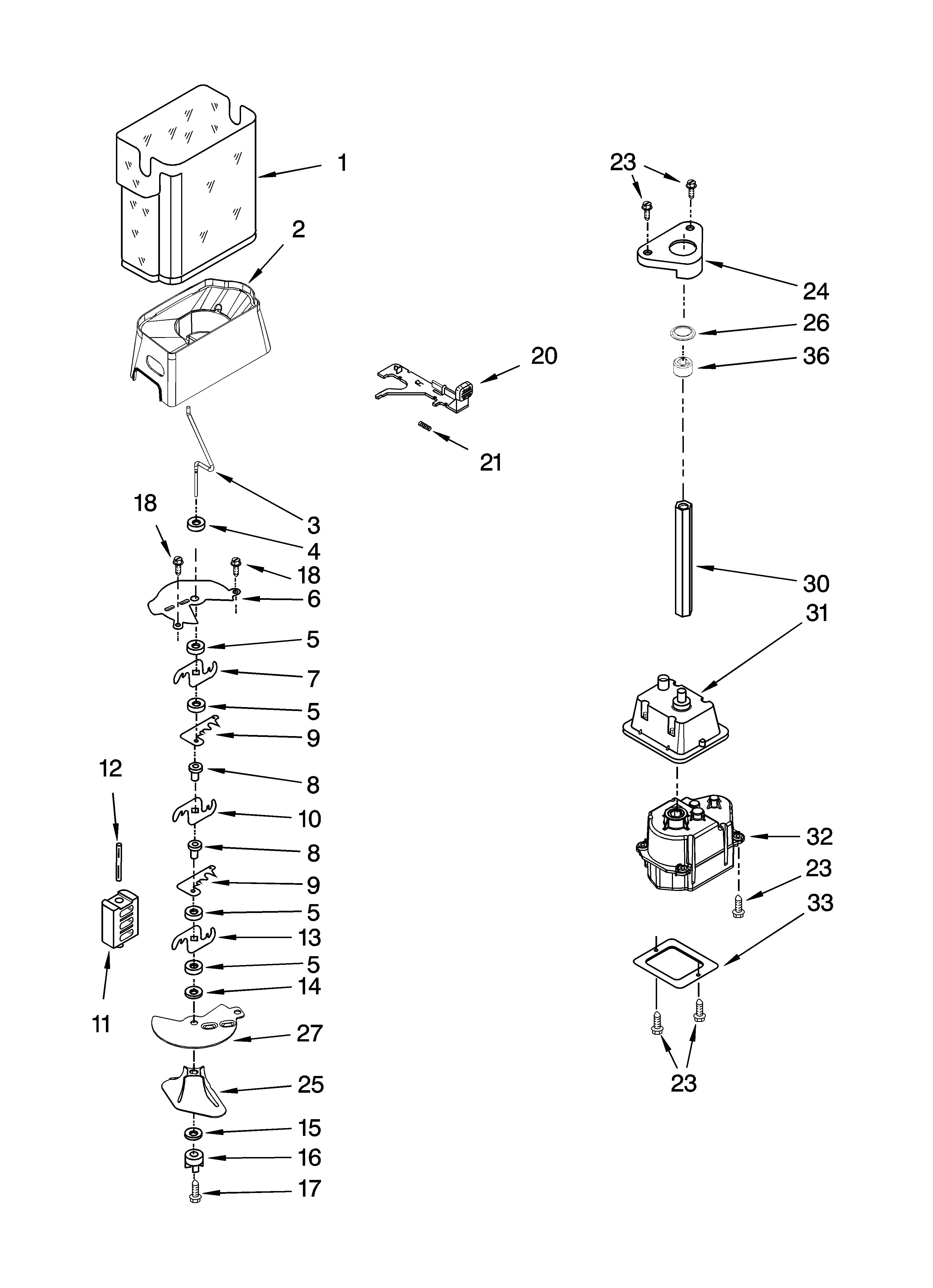 KitchenAid KSRG22FKBT19 motor and ice container parts diagram