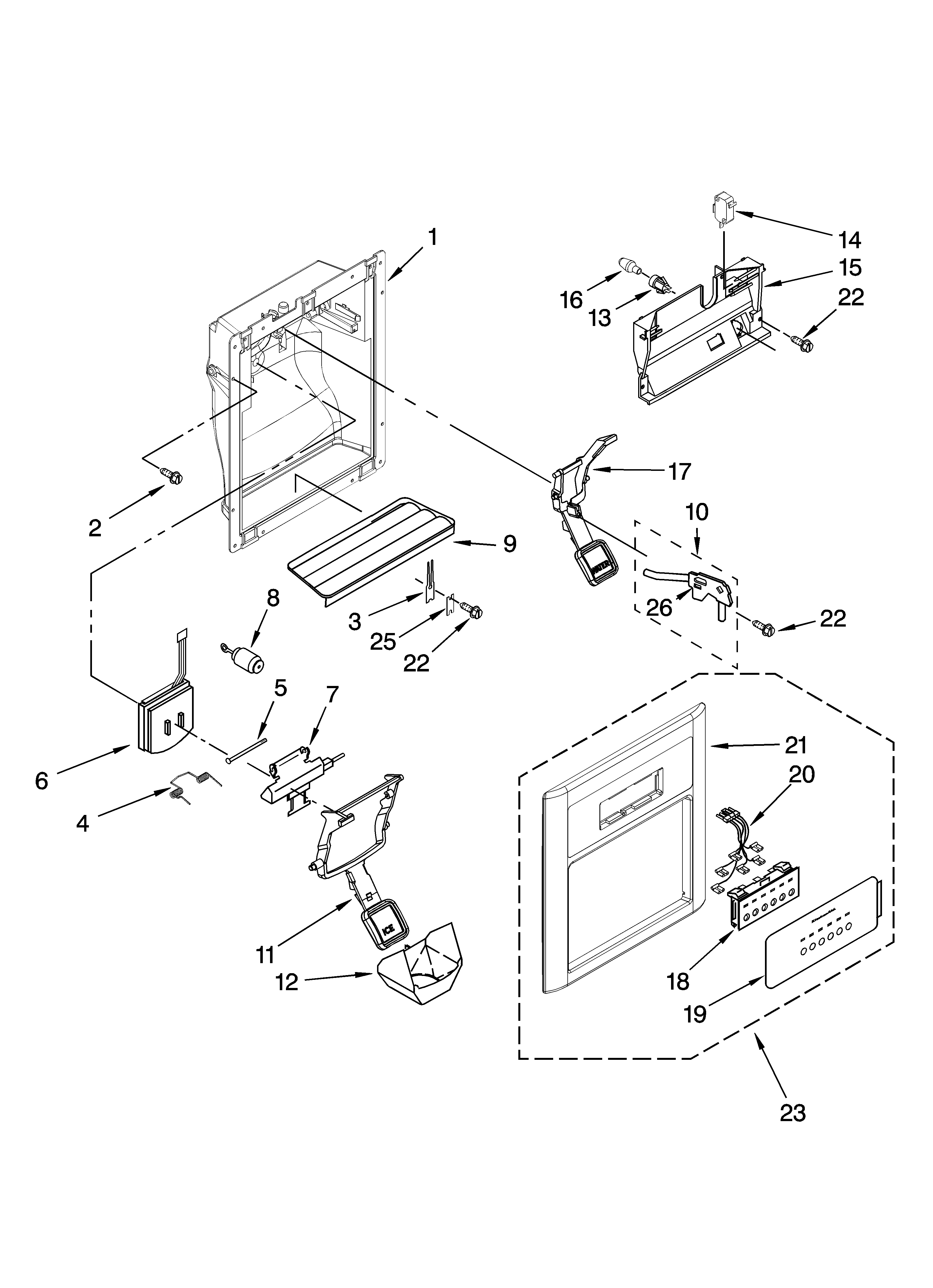 KitchenAid KSRG25FKST19 dispenser front parts diagram