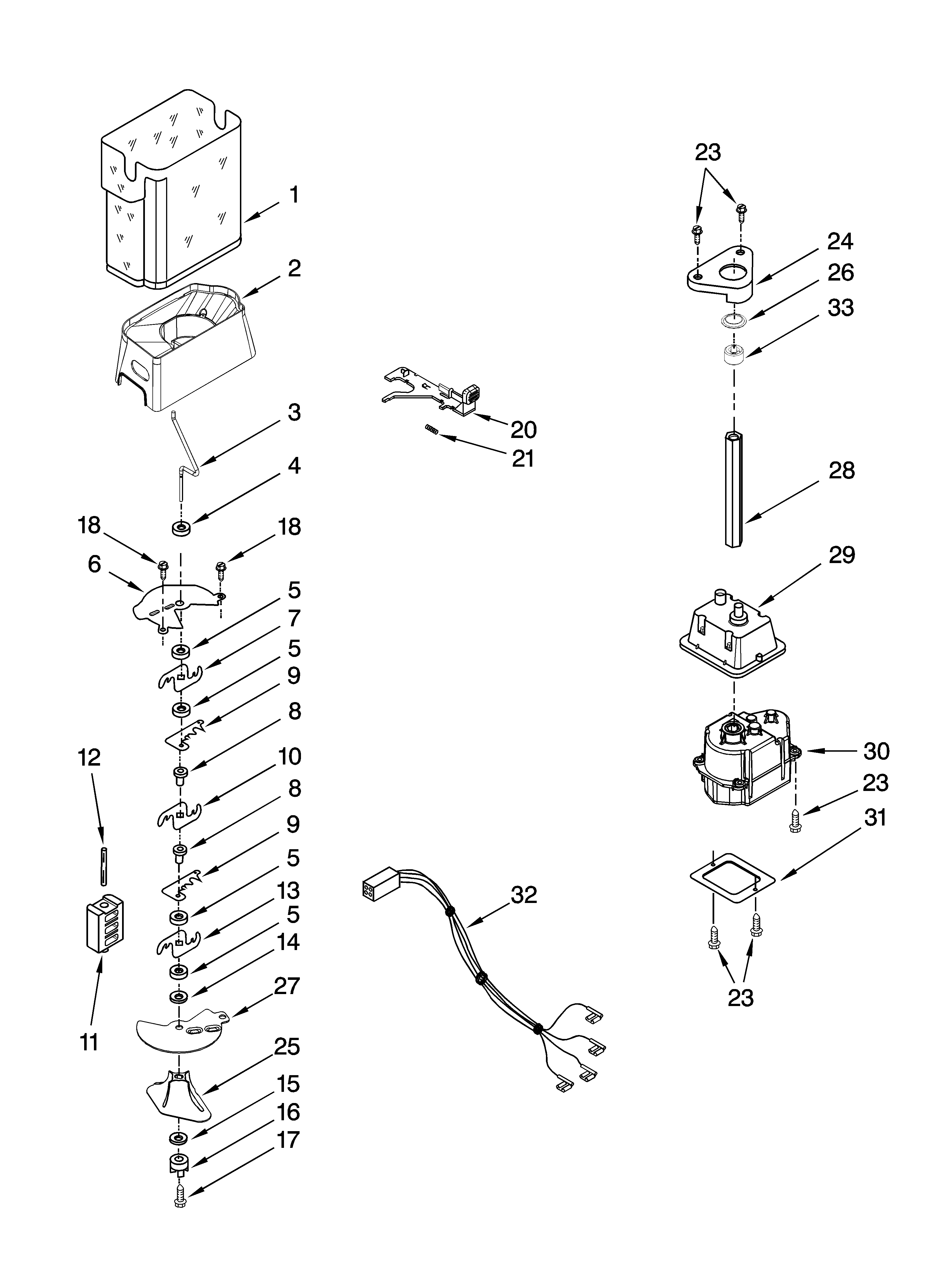 KitchenAid KSRX25FTSS01 motor and ice container parts diagram