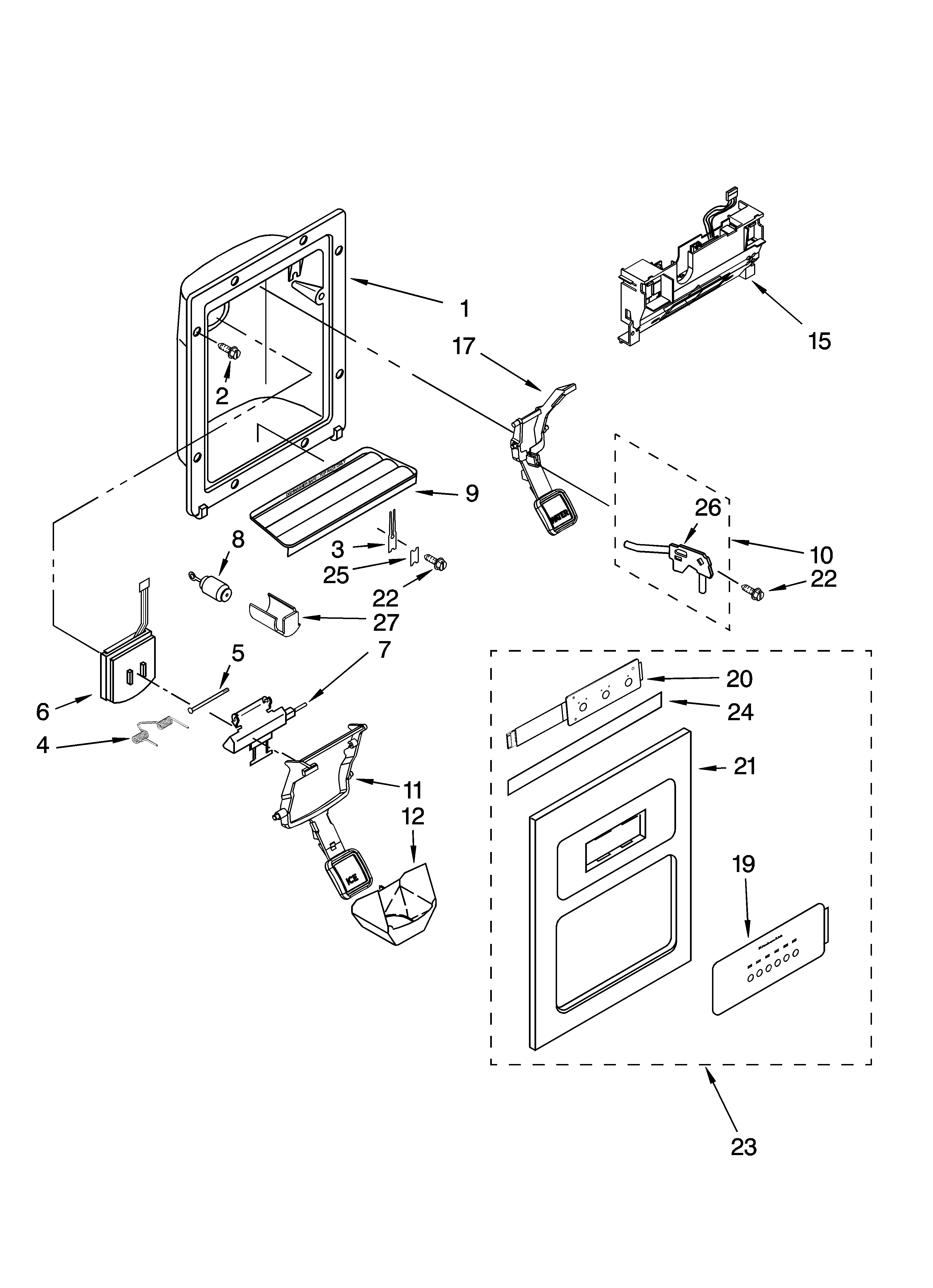 KitchenAid KSRX25FTSS01 dispenser front parts diagram