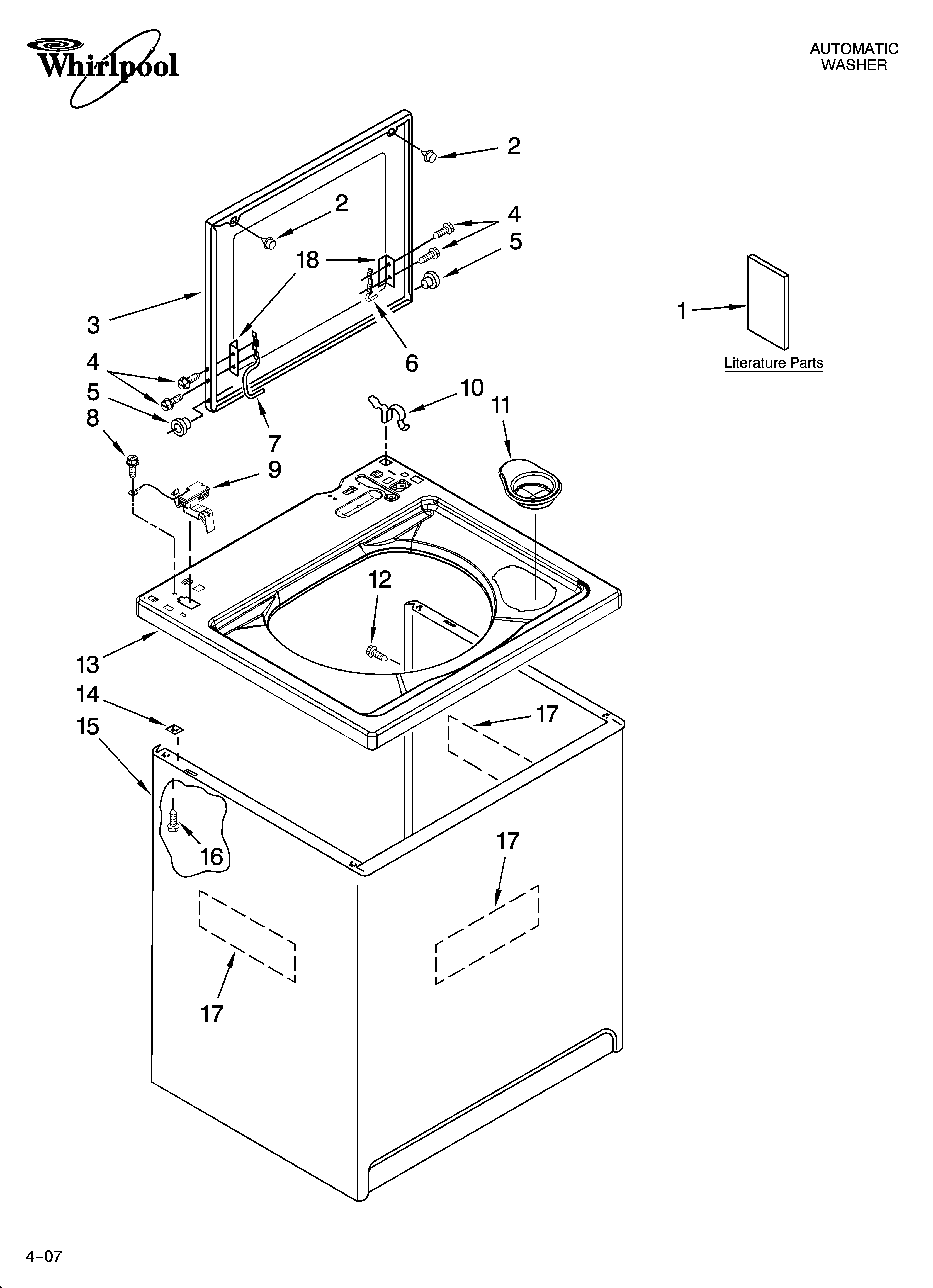 Whirlpool WTW5900TB0 top and cabinet parts diagram