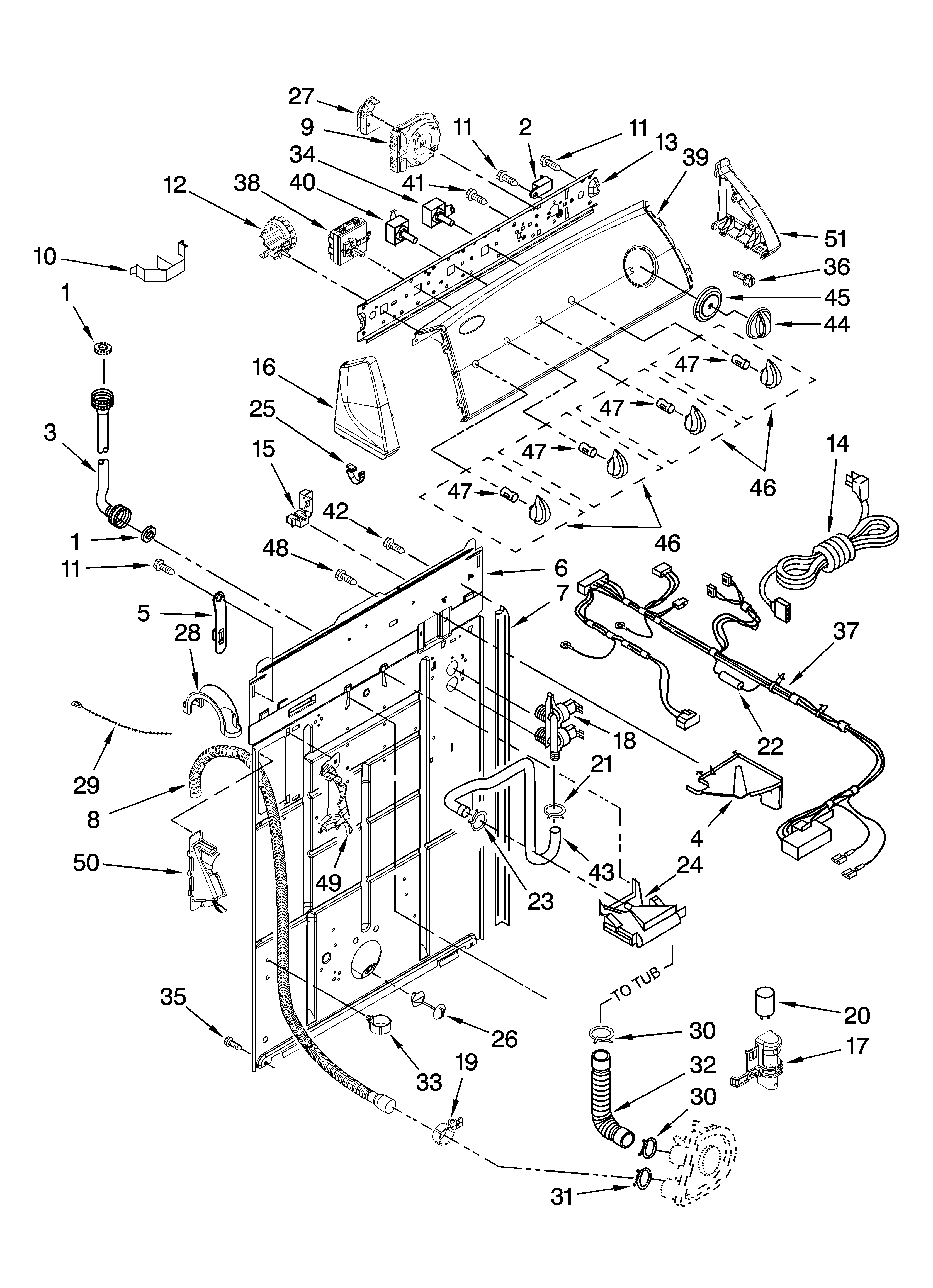 Whirlpool WTW5900TB0 controls and rear panel parts diagram