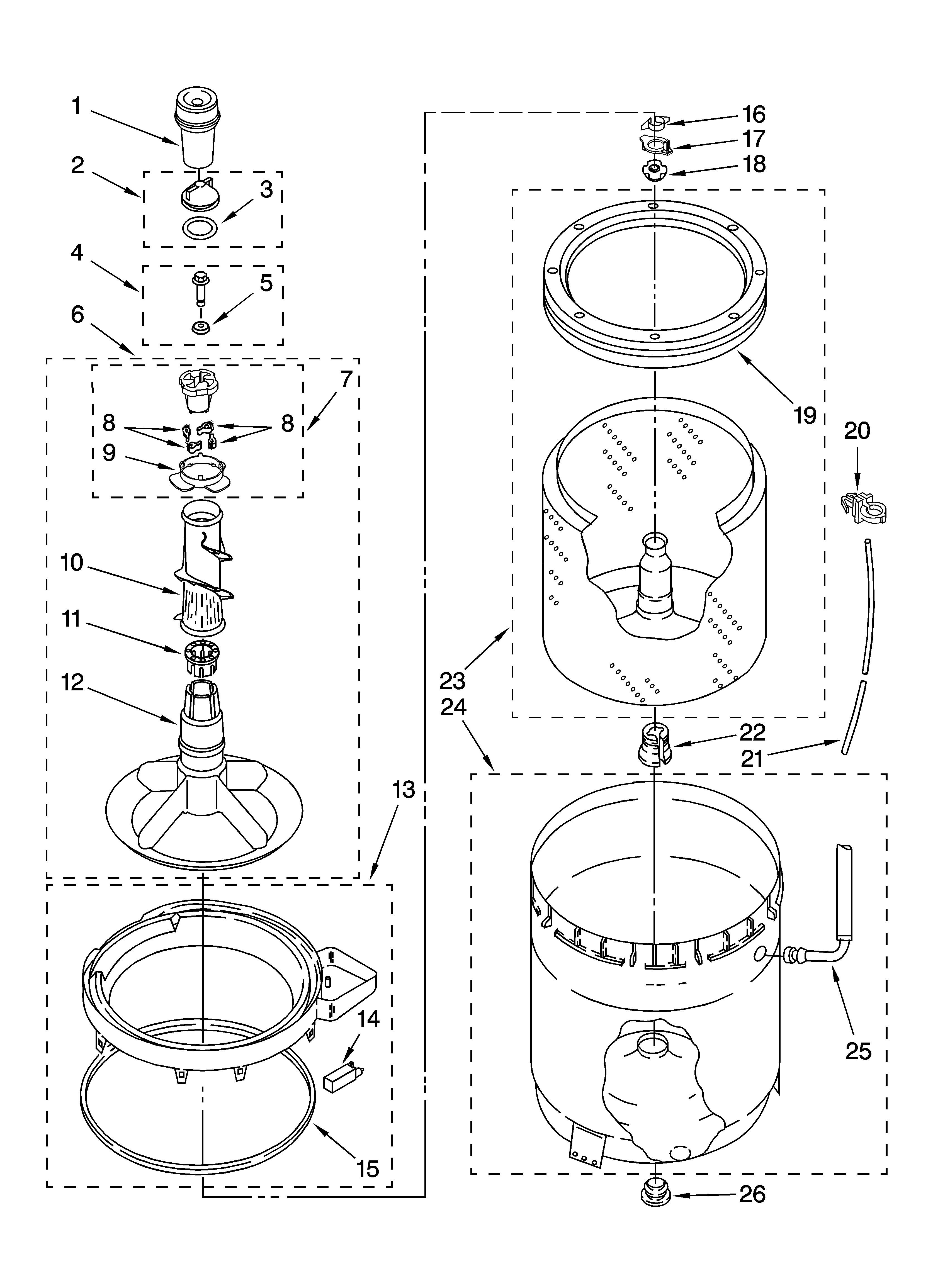 Whirlpool WTW5900TB0 agitator, basket and tub parts diagram
