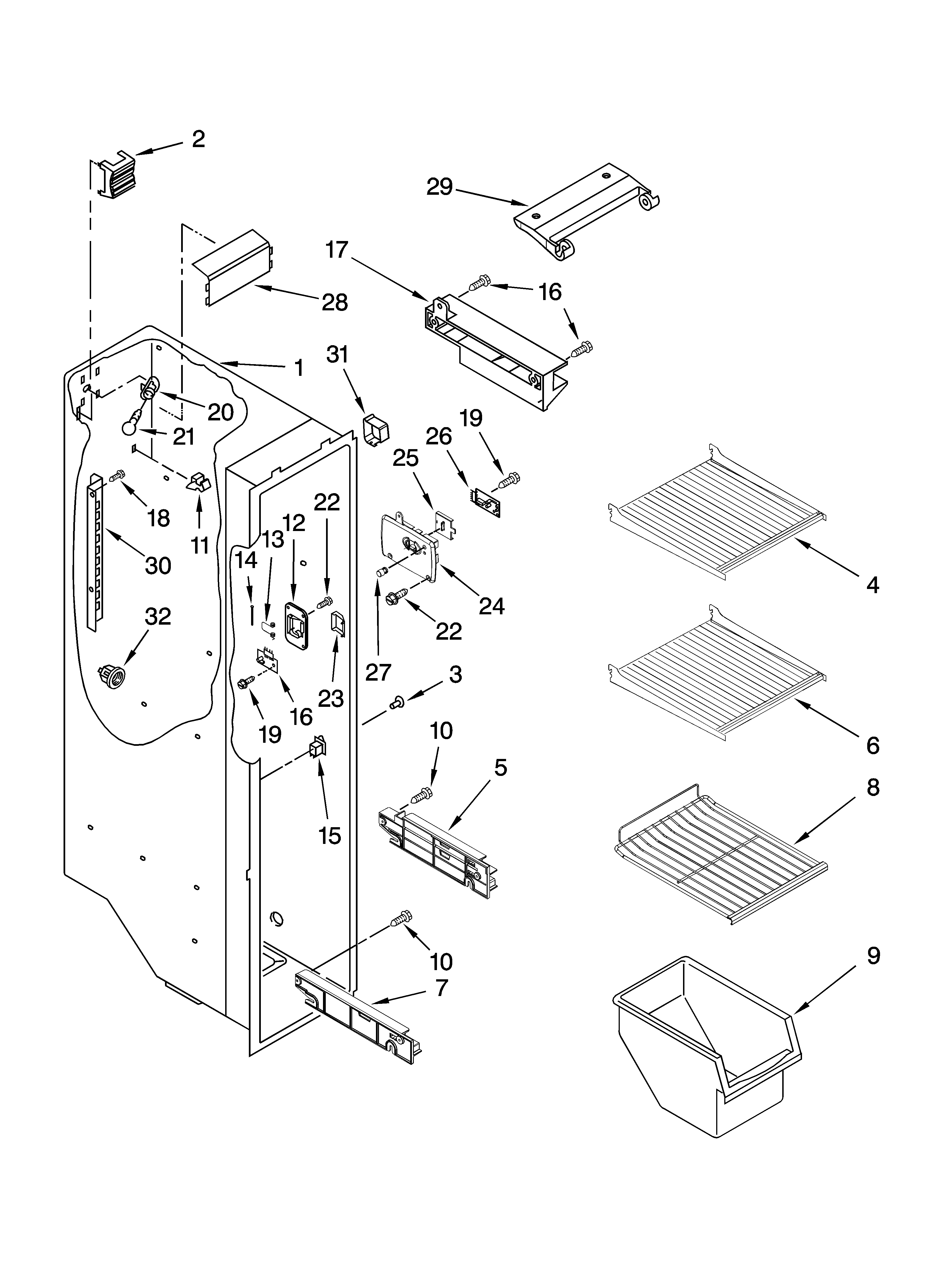 Maytag MSD2658KEU01 freezer liner parts diagram