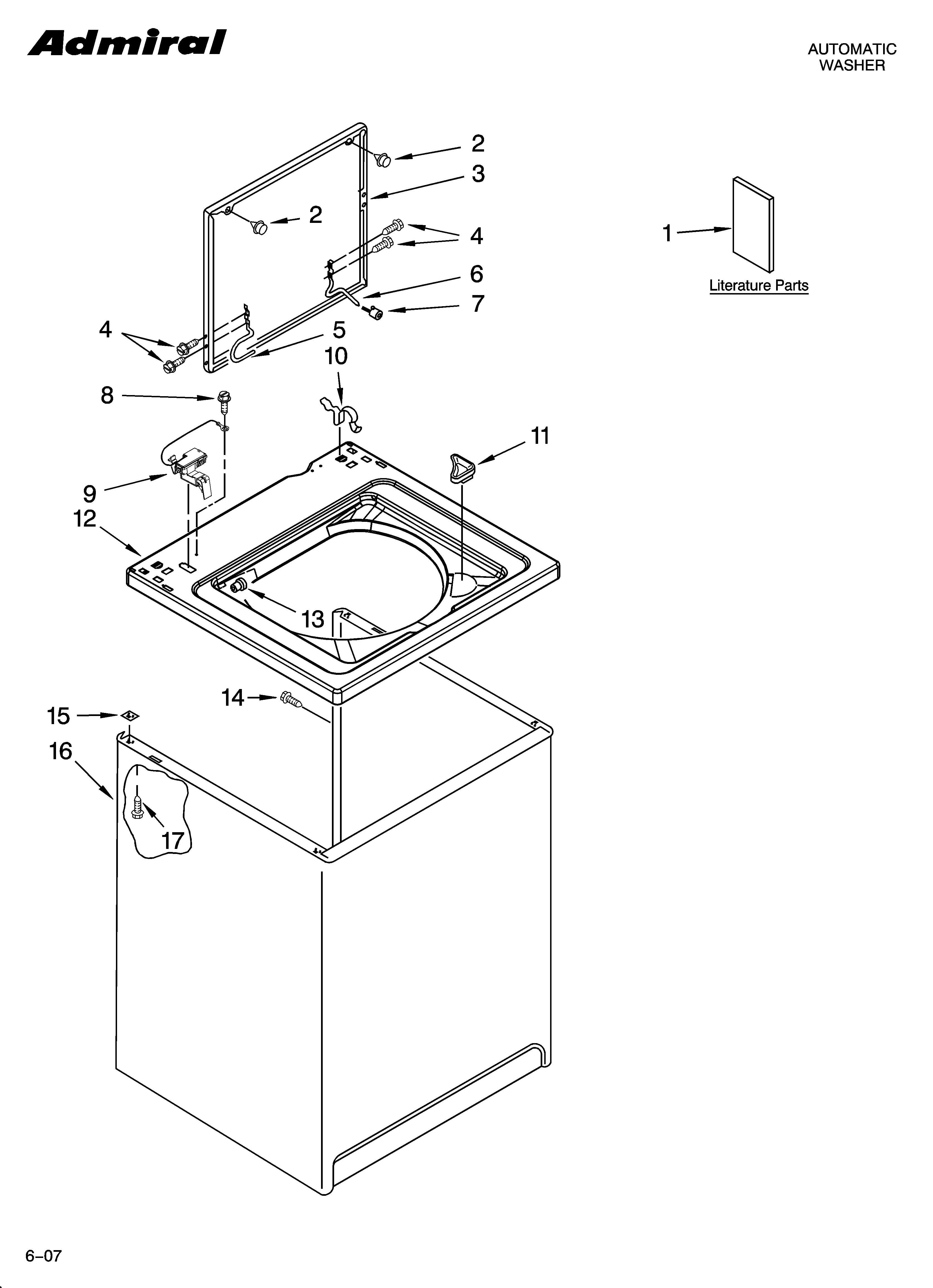 Admiral 4KATW4605TQ0 top and cabinet parts diagram