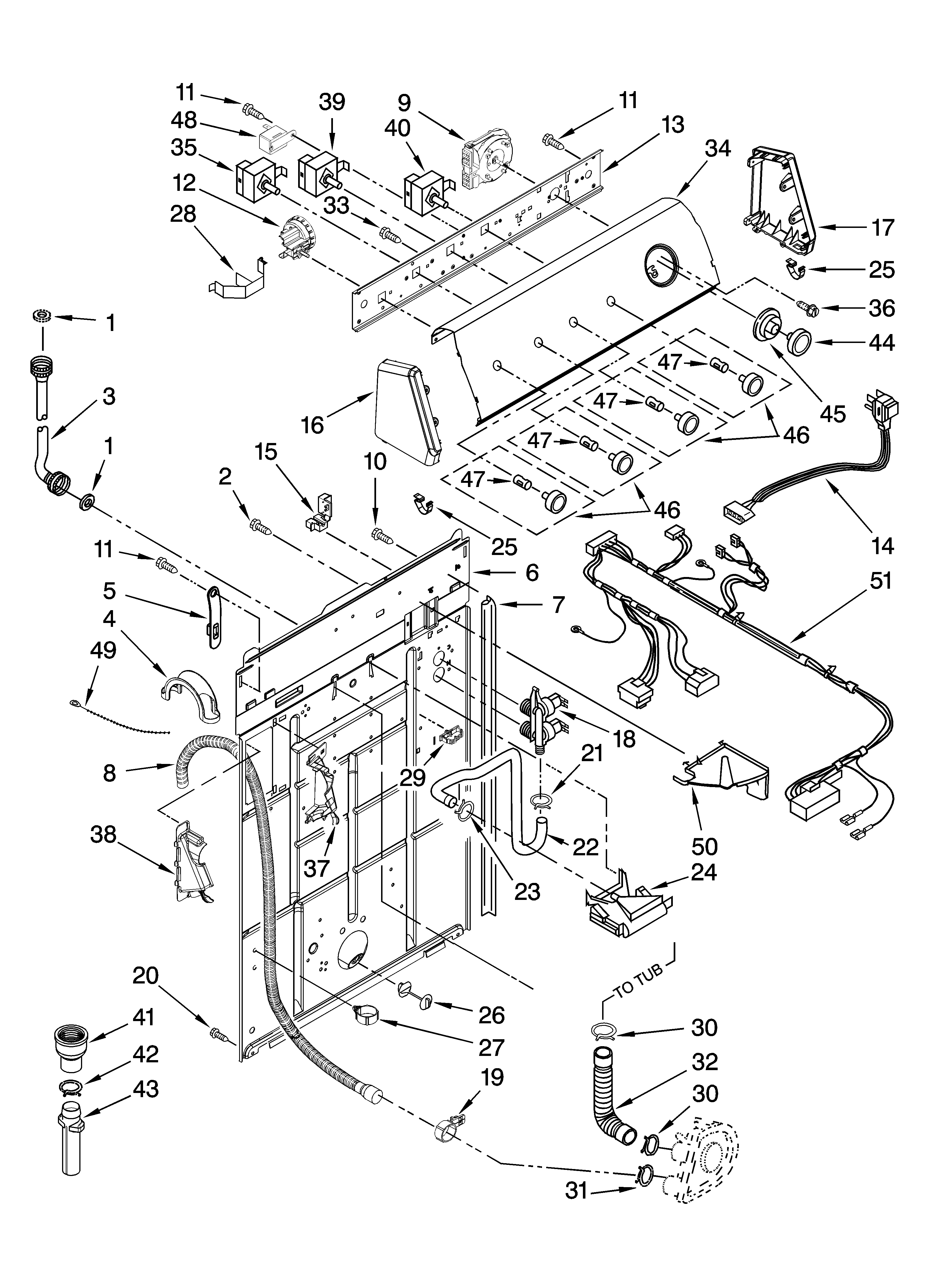 Admiral 4KATW4605TQ0 controls and rear panel parts diagram