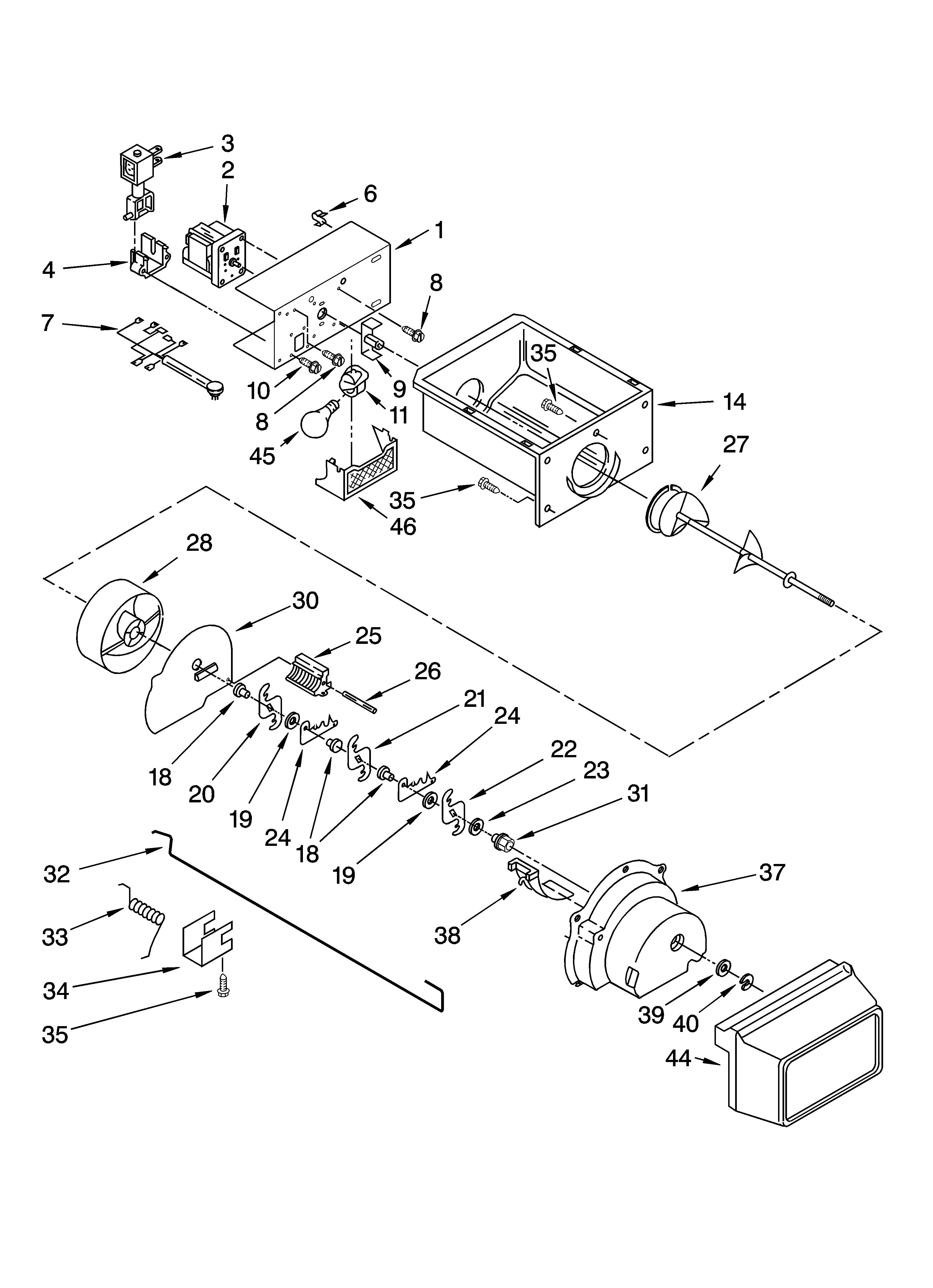 Whirlpool ED2FHEXSB03 motor and ice container parts diagram