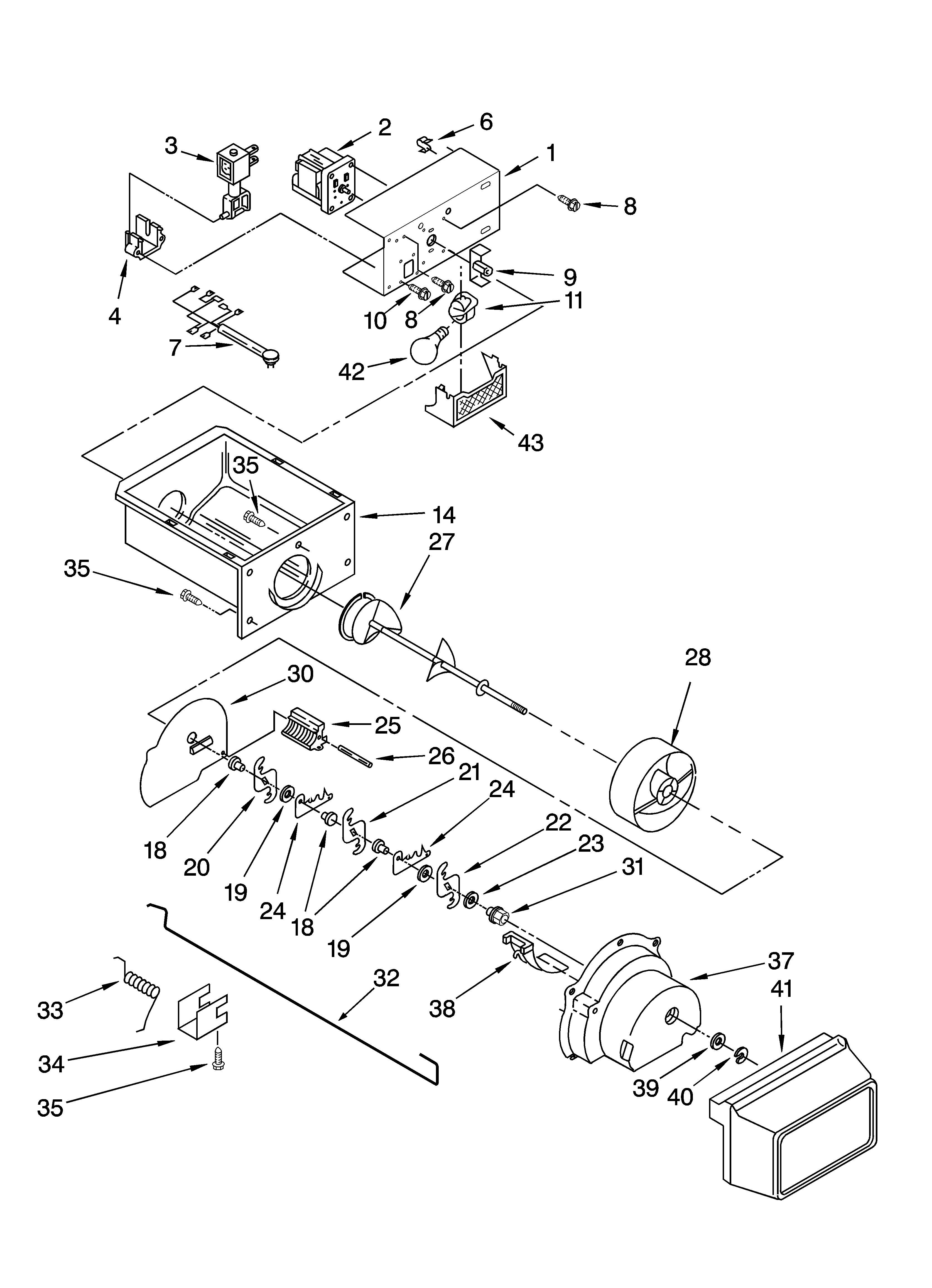 Whirlpool ED5FVGXSS01 motor and ice container parts diagram