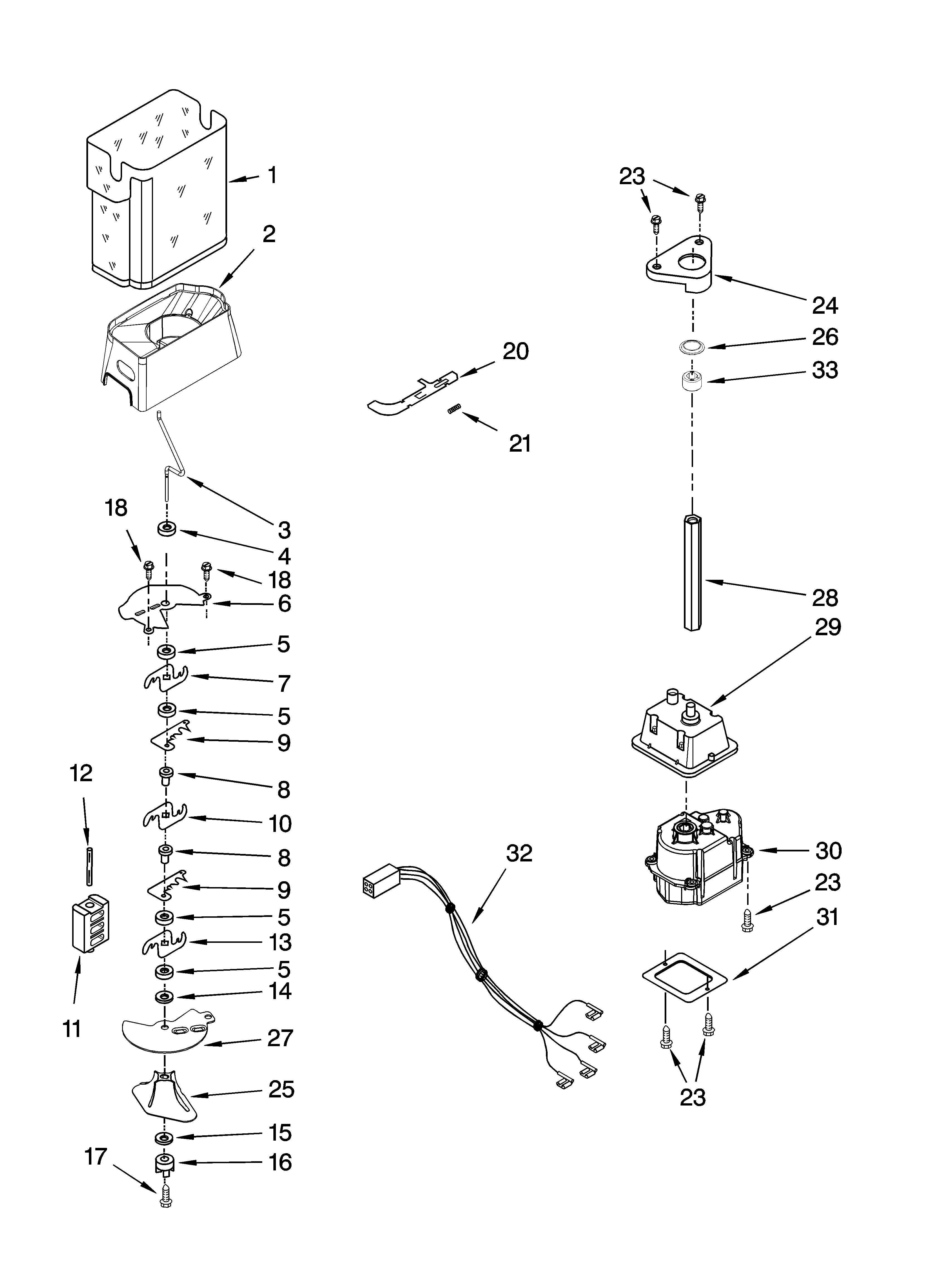 KitchenAid KSRP25FTWH01 motor and ice container parts diagram