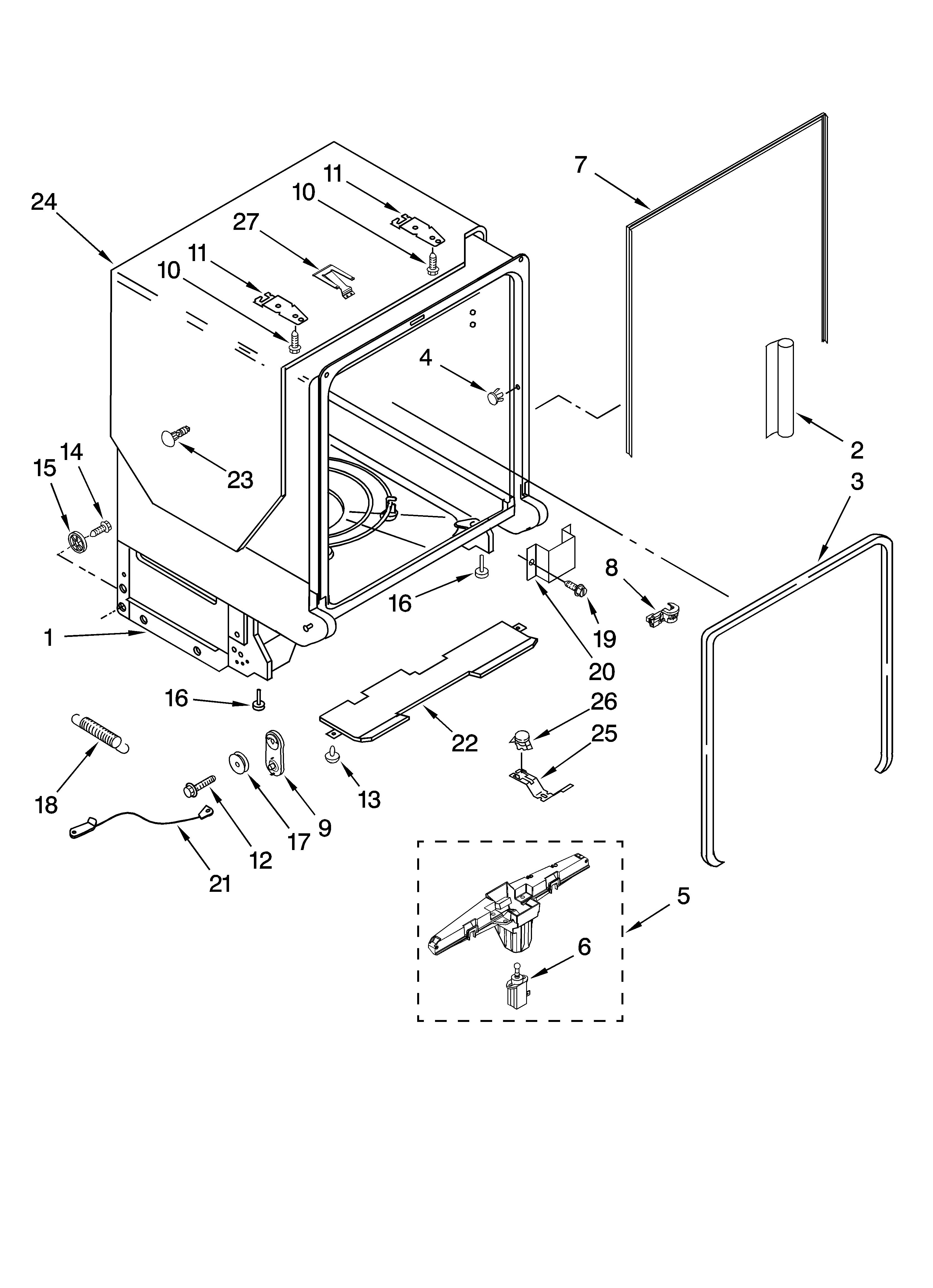 KitchenAid KUDS03FTWH0 tub and frame parts diagram