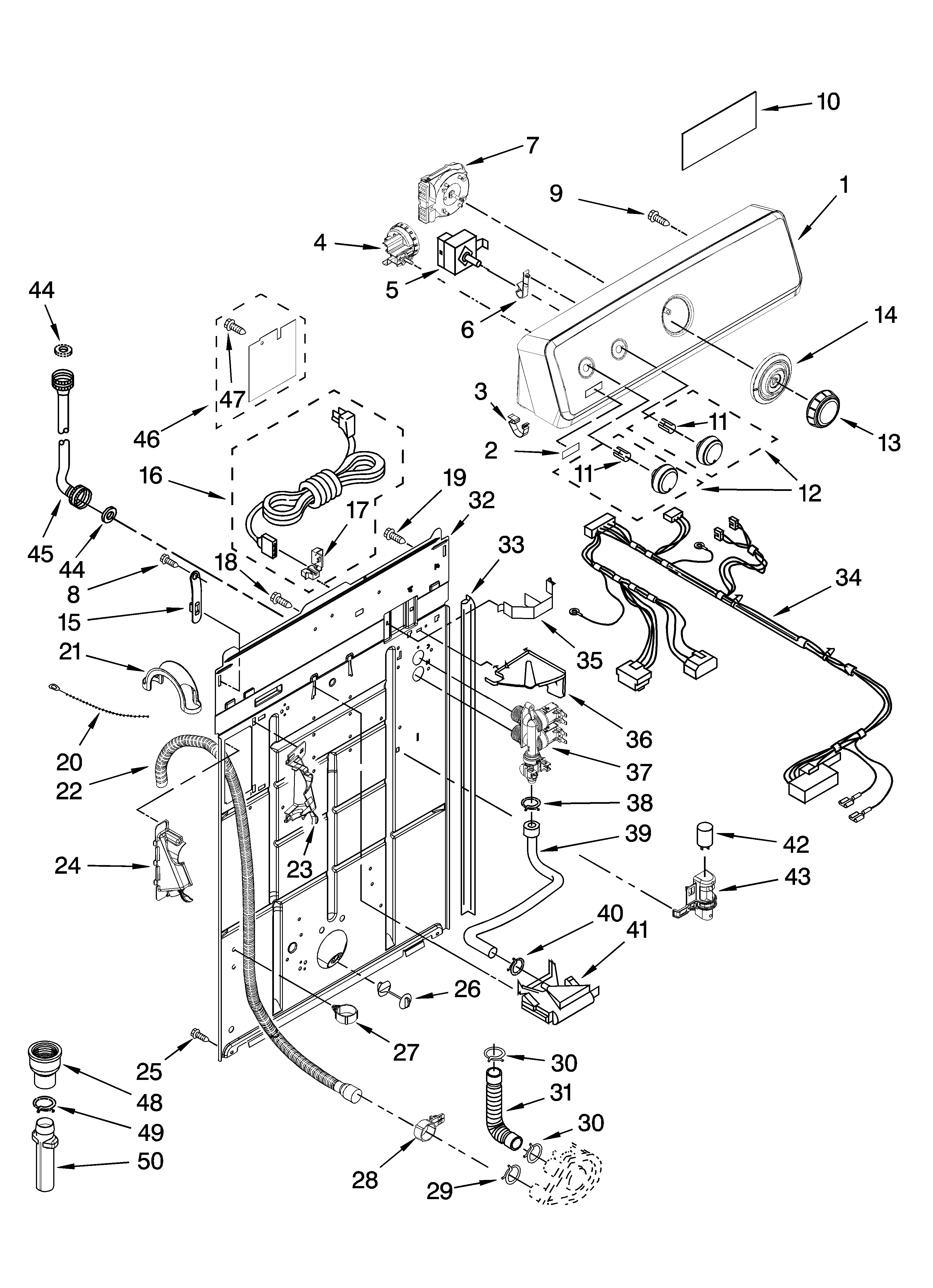 Maytag 2DMTW5705TW0 controls and rear panel parts diagram