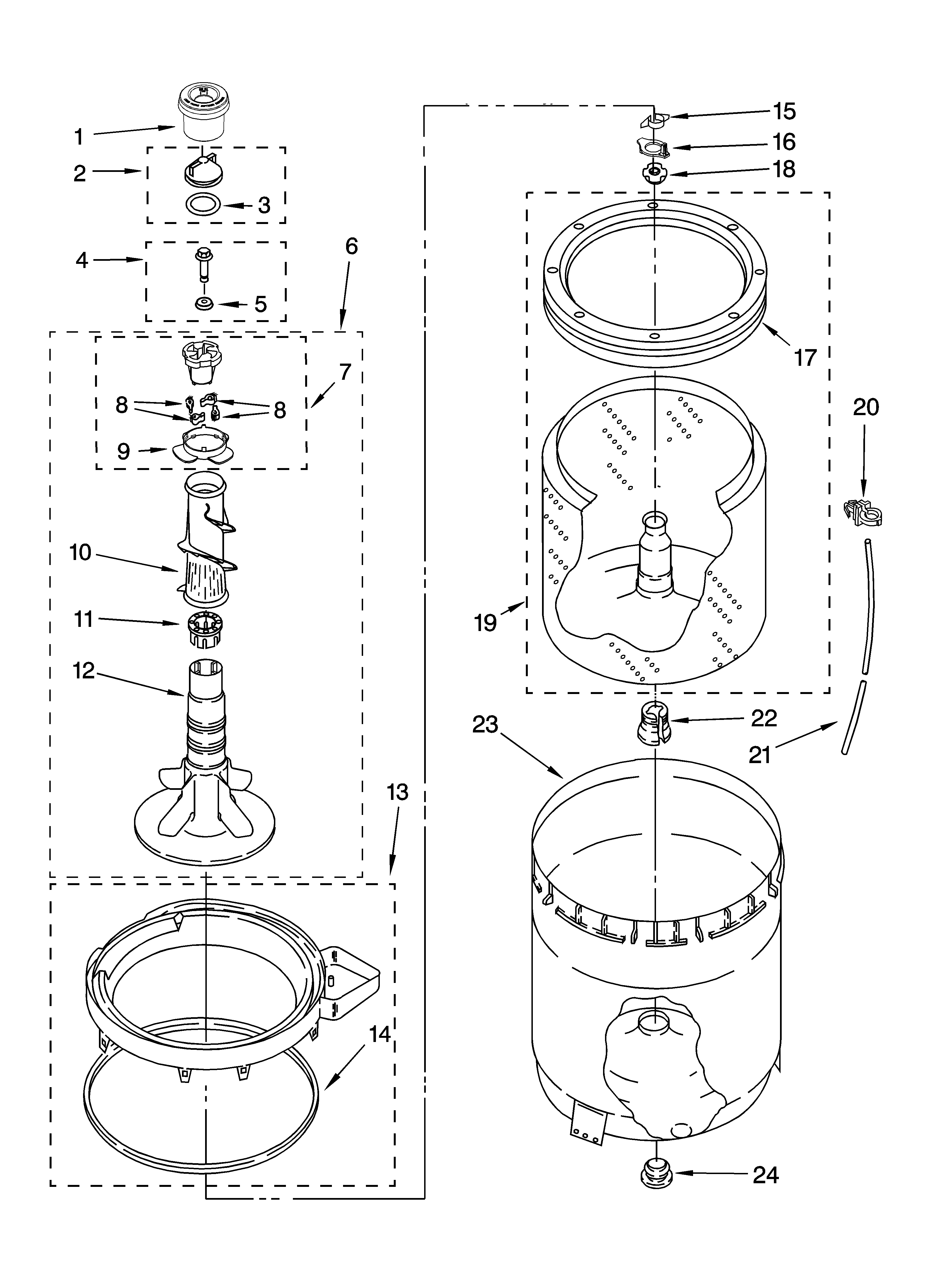 Maytag 2DMTW5705TW0 agitator, basket and tub parts diagram