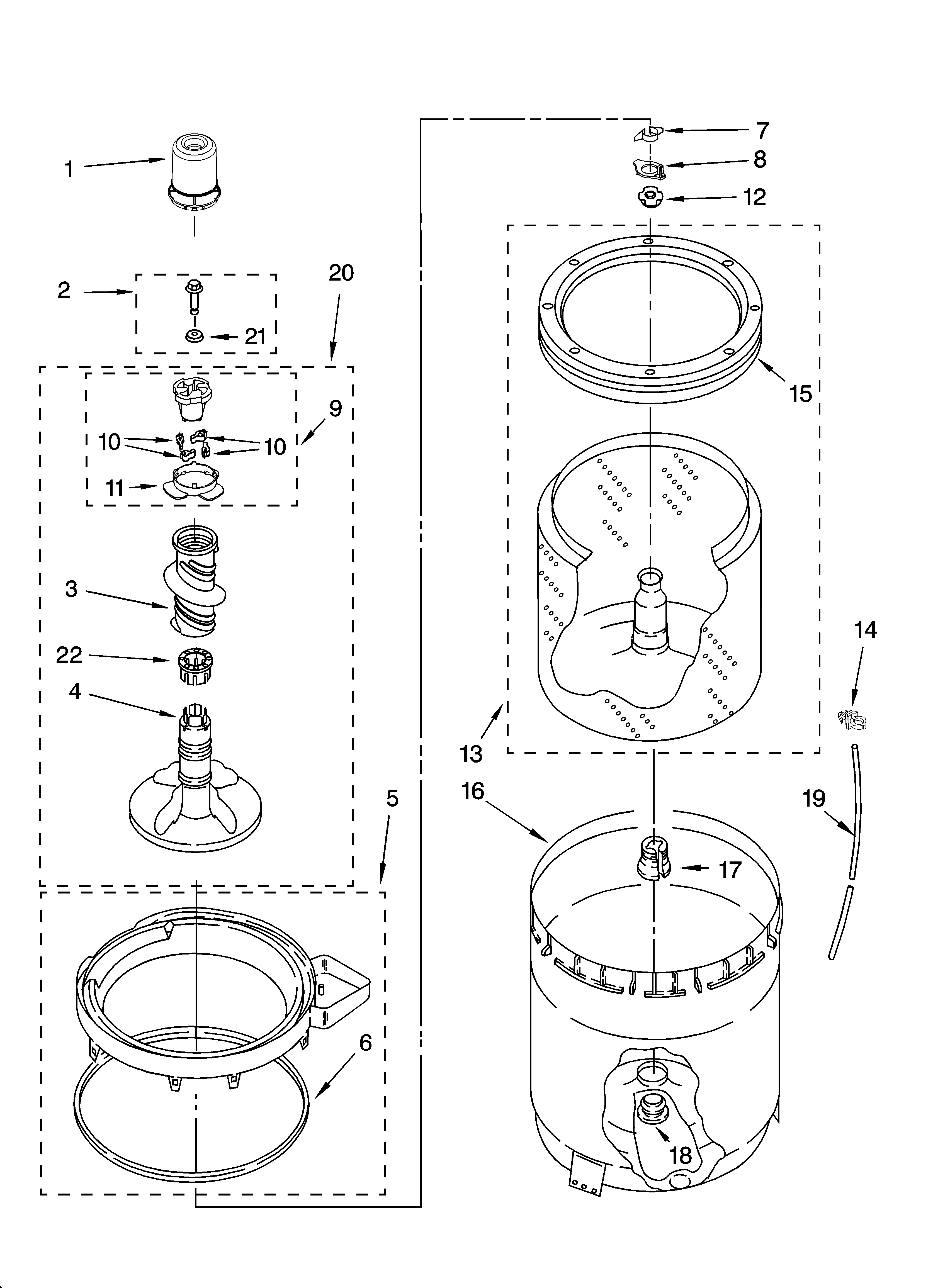 Amana 7MNTM5000TT0 agitator, basket and tub parts diagram