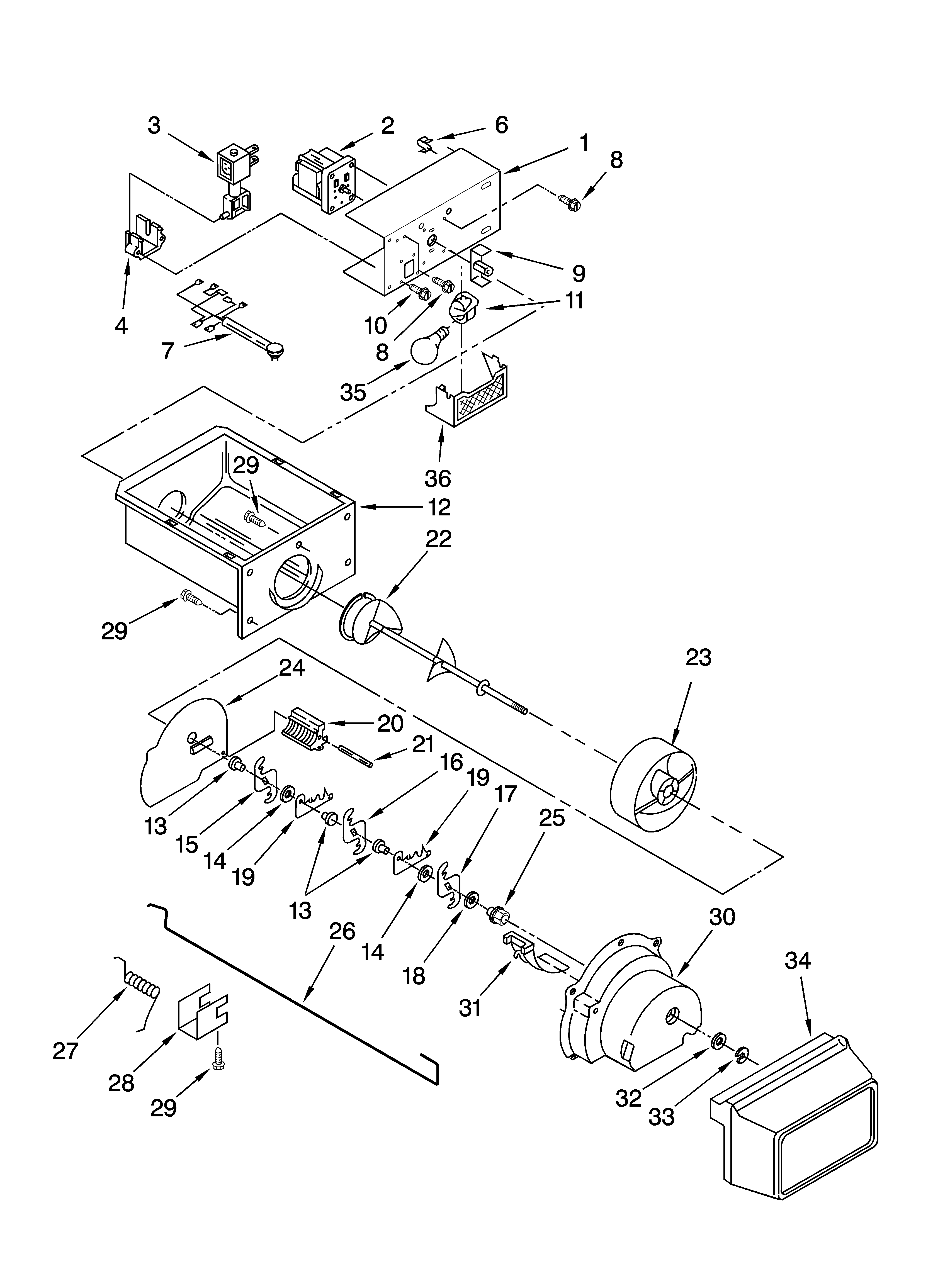 Whirlpool ED5GTGXNB14 motor and ice container parts diagram
