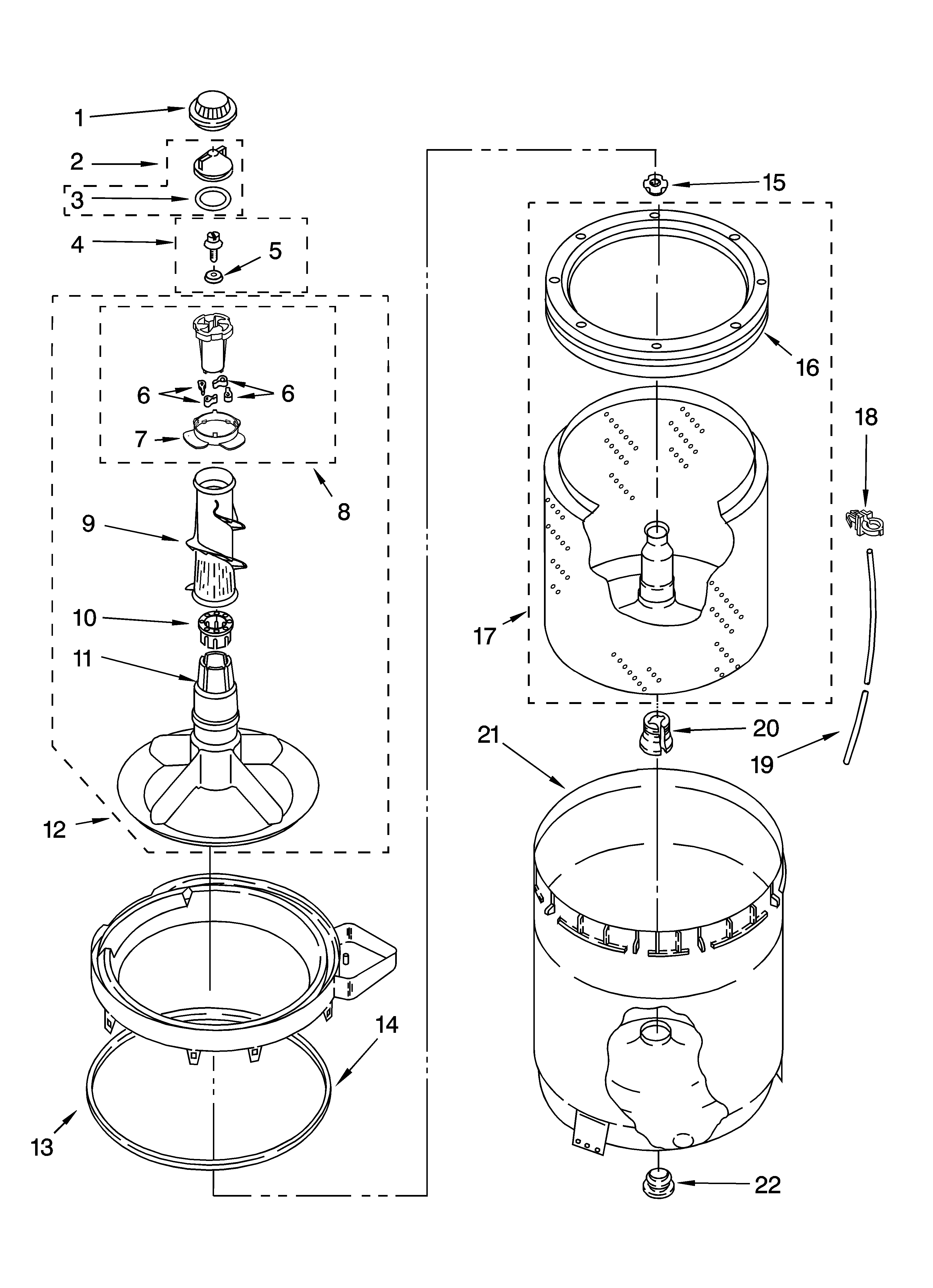 Amana NTW5205TQ0 agitator, basket and tub parts diagram
