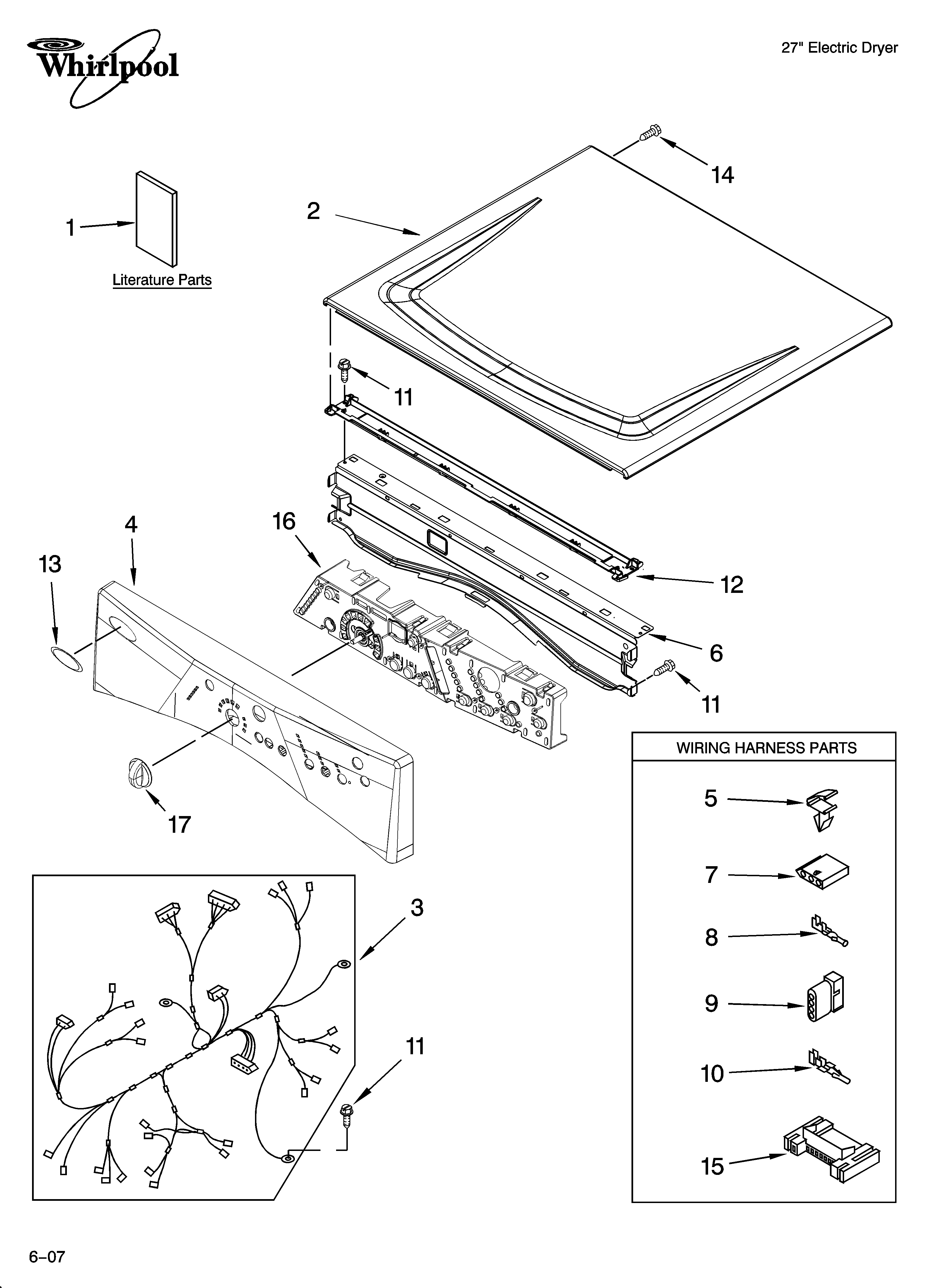 Whirlpool WED8300SW0 top and console parts diagram