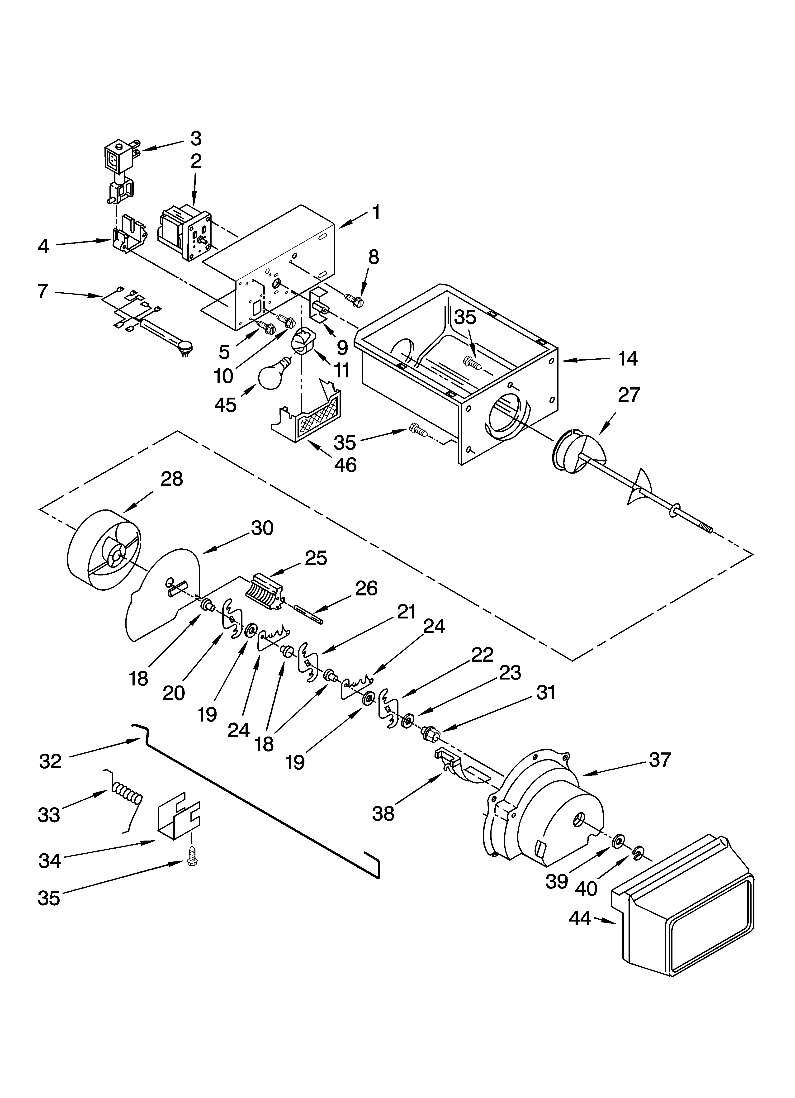 Whirlpool ED2HBEXTS01 motor and ice container parts diagram
