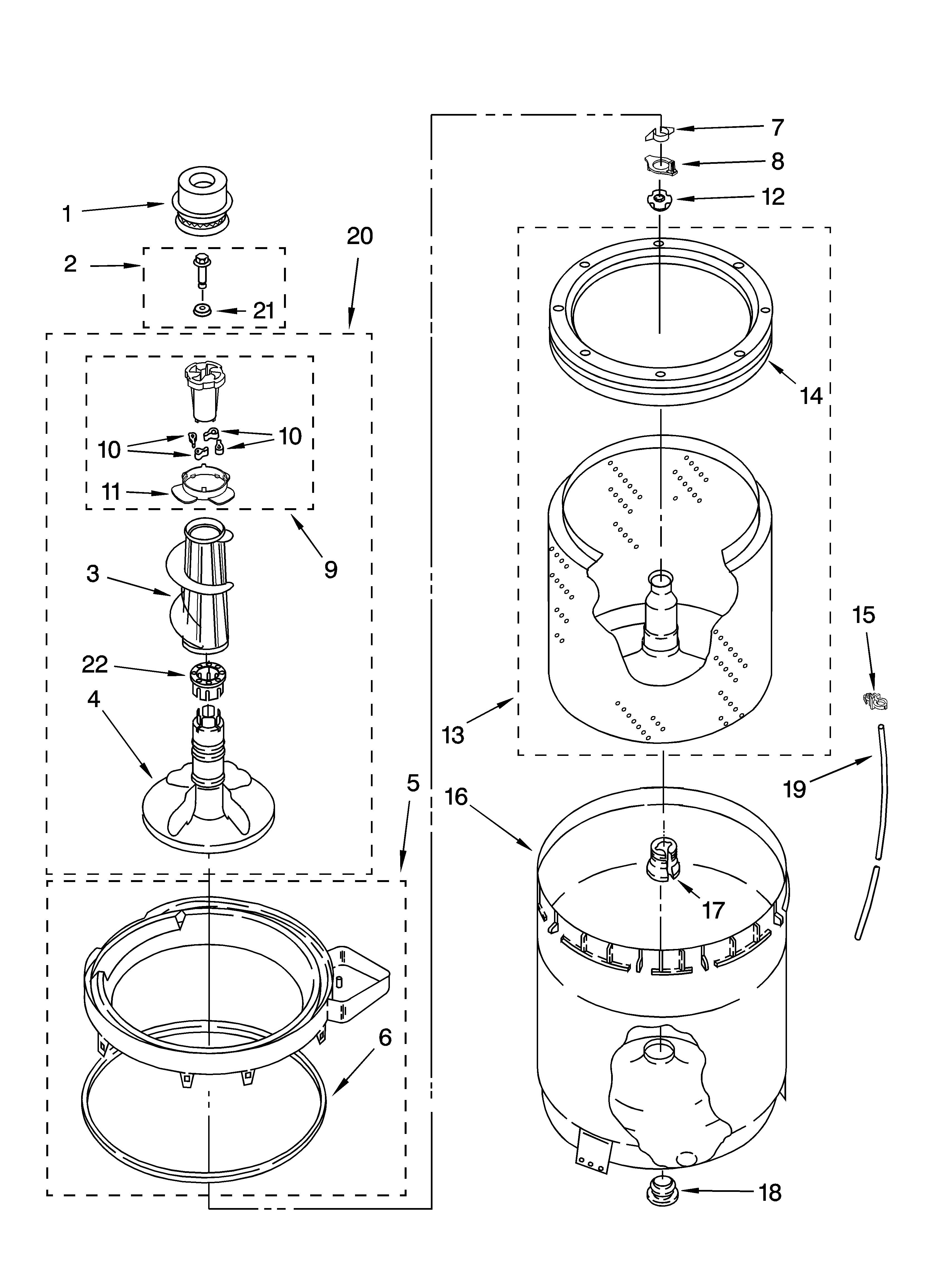 Whirlpool 7MWT96680TT0 agitator, basket and tub parts diagram