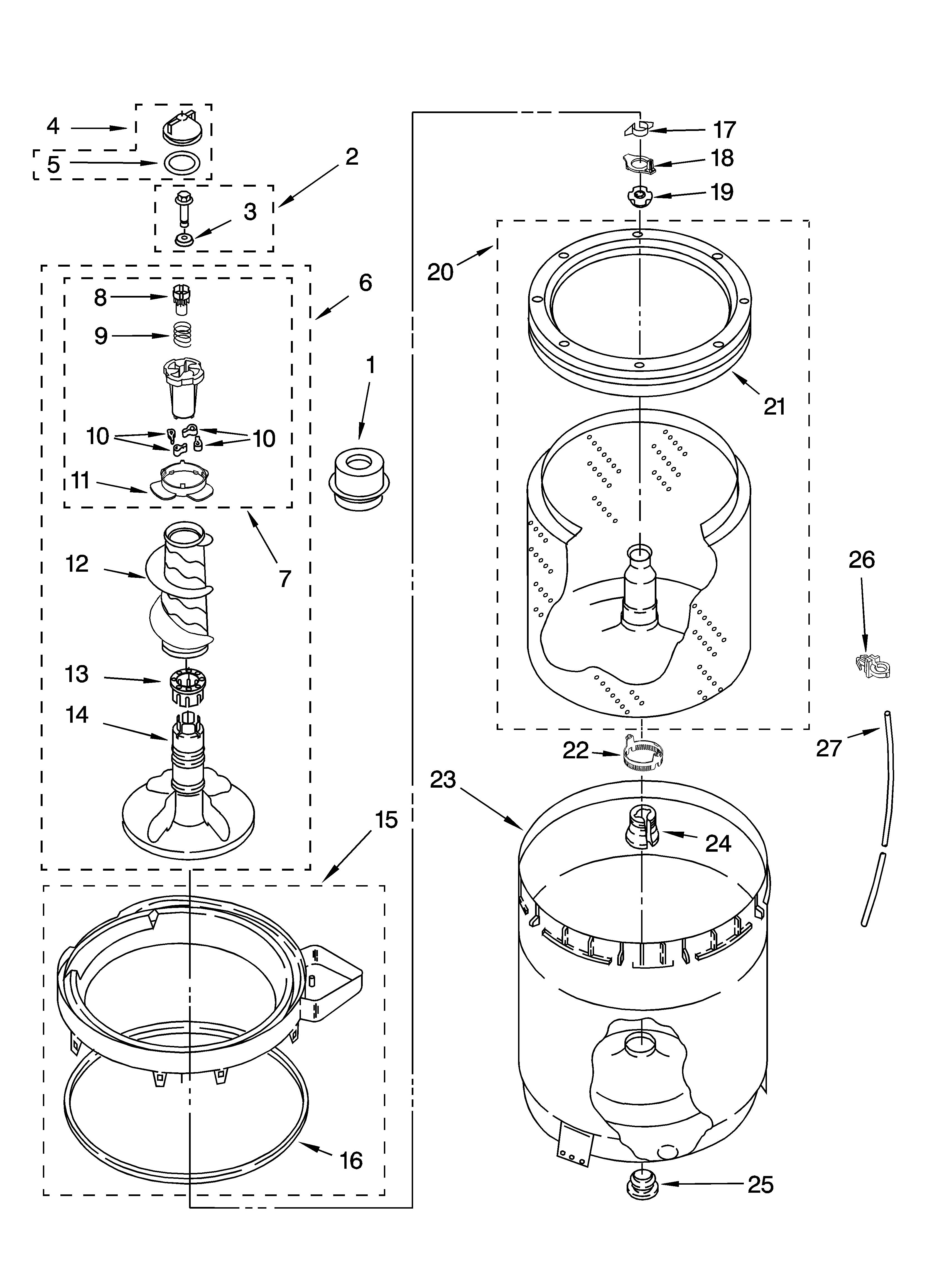 Whirlpool 7MWL87770TW0 agitator, basket and tub parts diagram