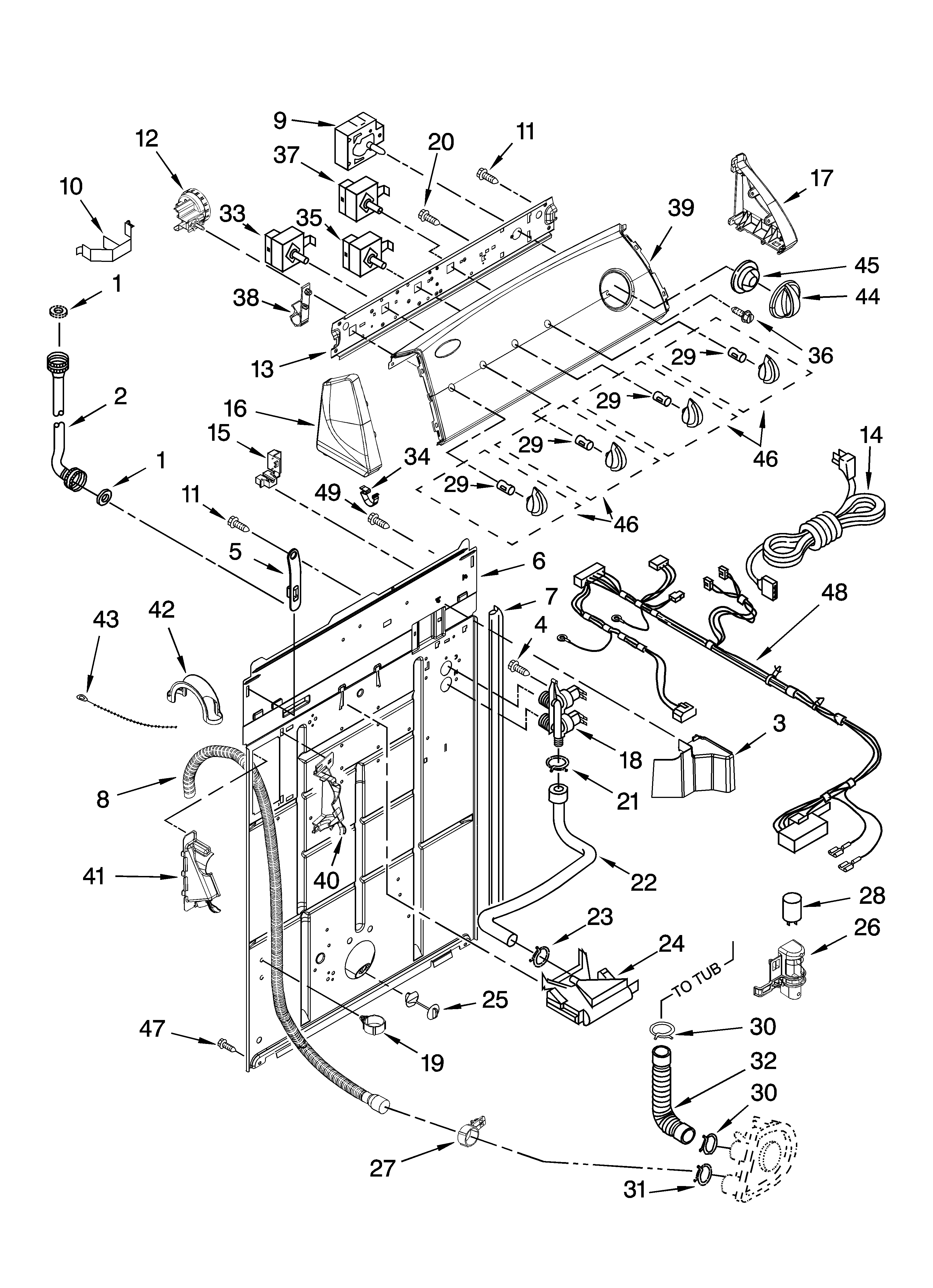 Whirlpool 7MWT97770TW0 controls and rear panel parts diagram