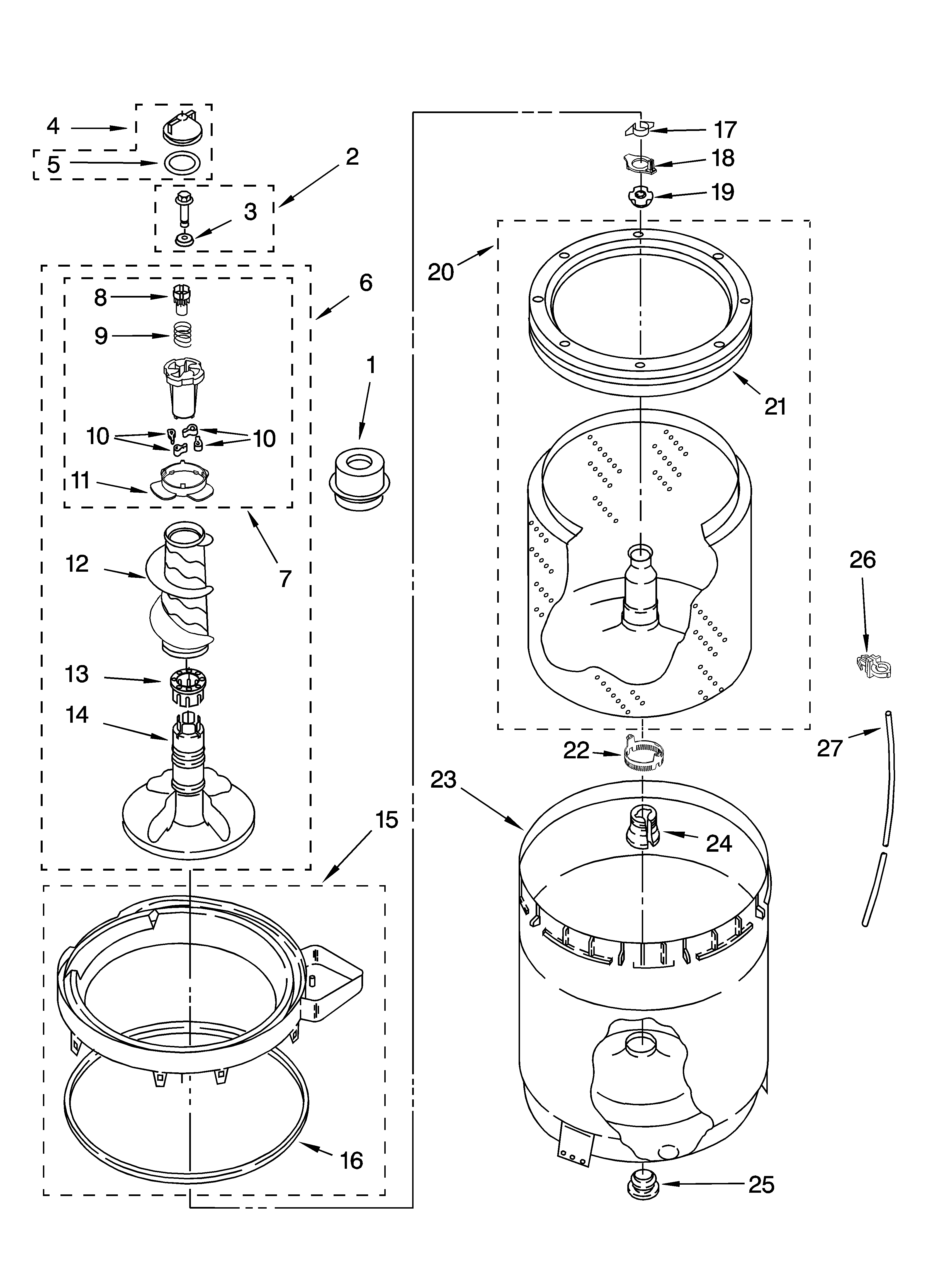 Whirlpool 7MWT97770TW0 agitator, basket and tub parts diagram