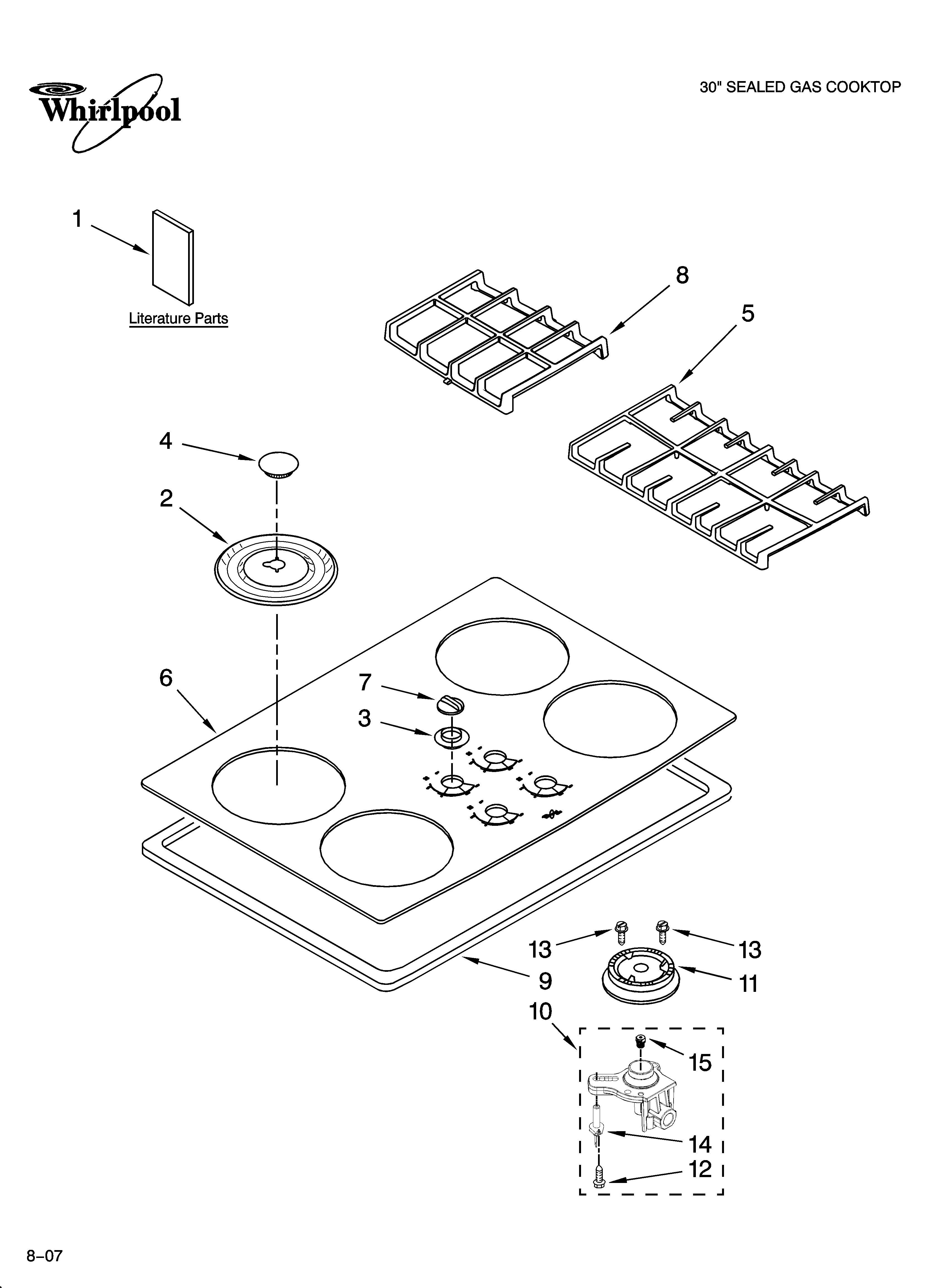 Whirlpool GLT3057RQ02 cooktop, burner and grate parts diagram