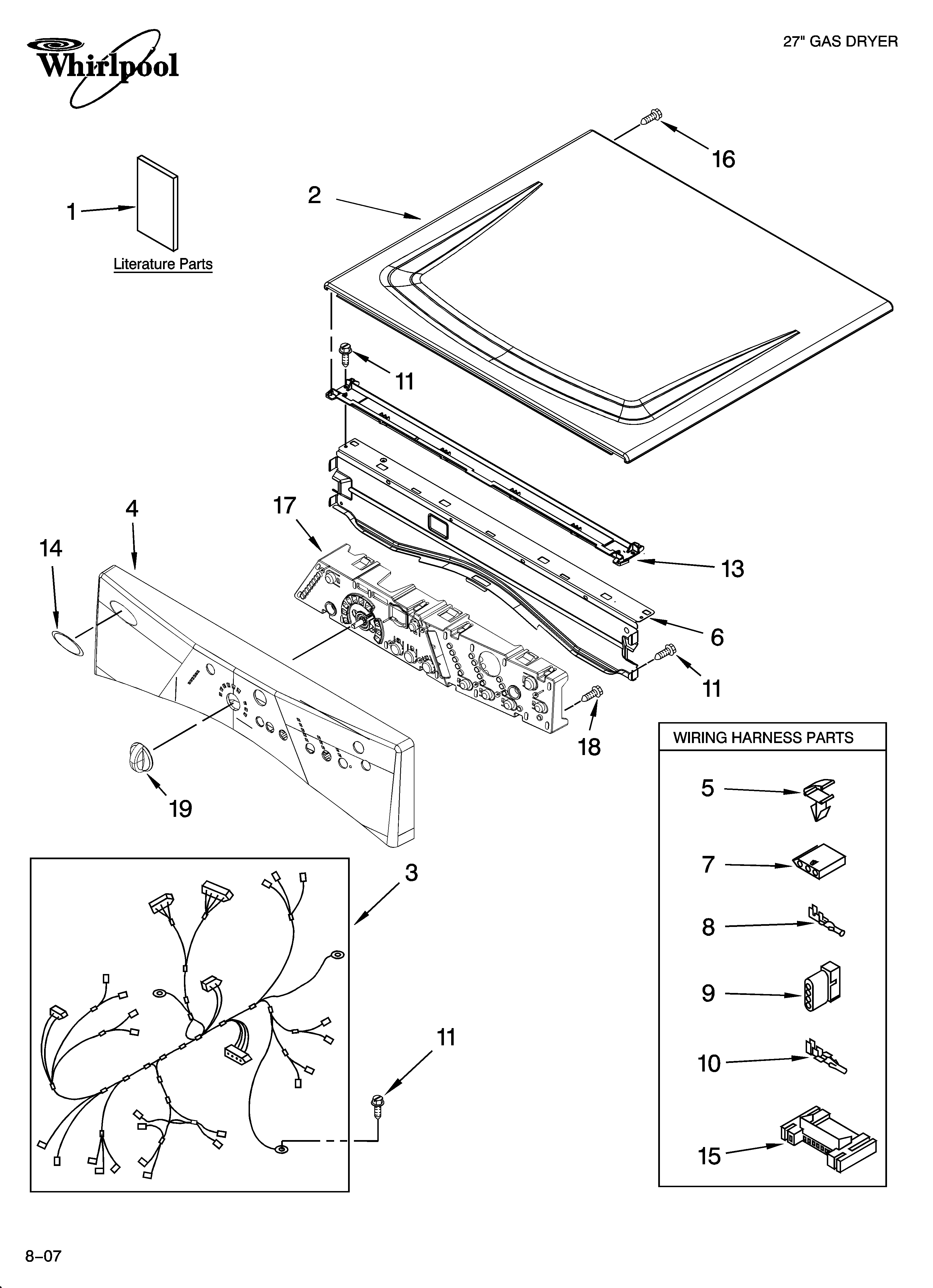 Whirlpool WGD8410SW1 top and console parts diagram