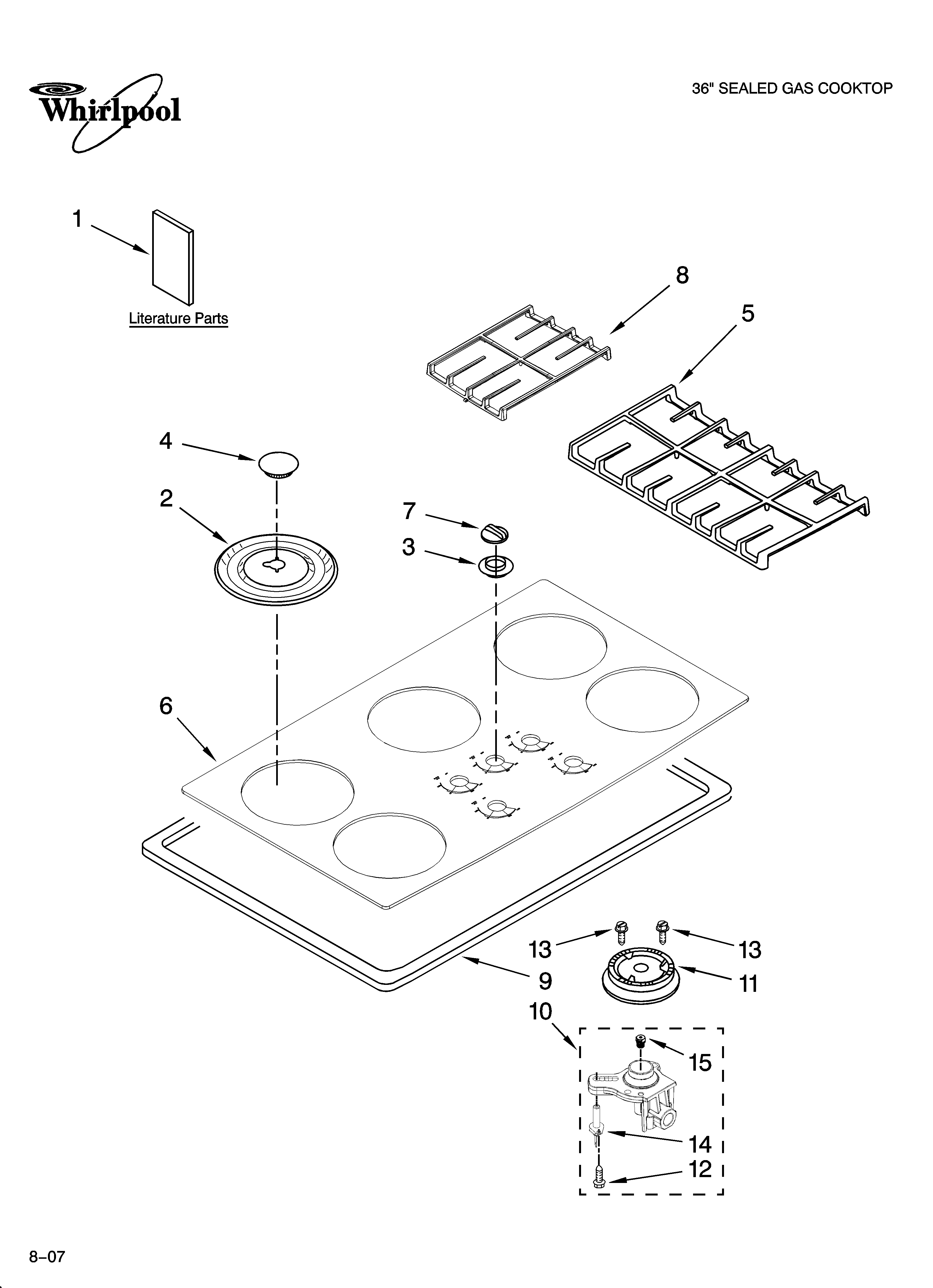 Whirlpool GLT3657RB02 cooktop, burner and grate parts diagram