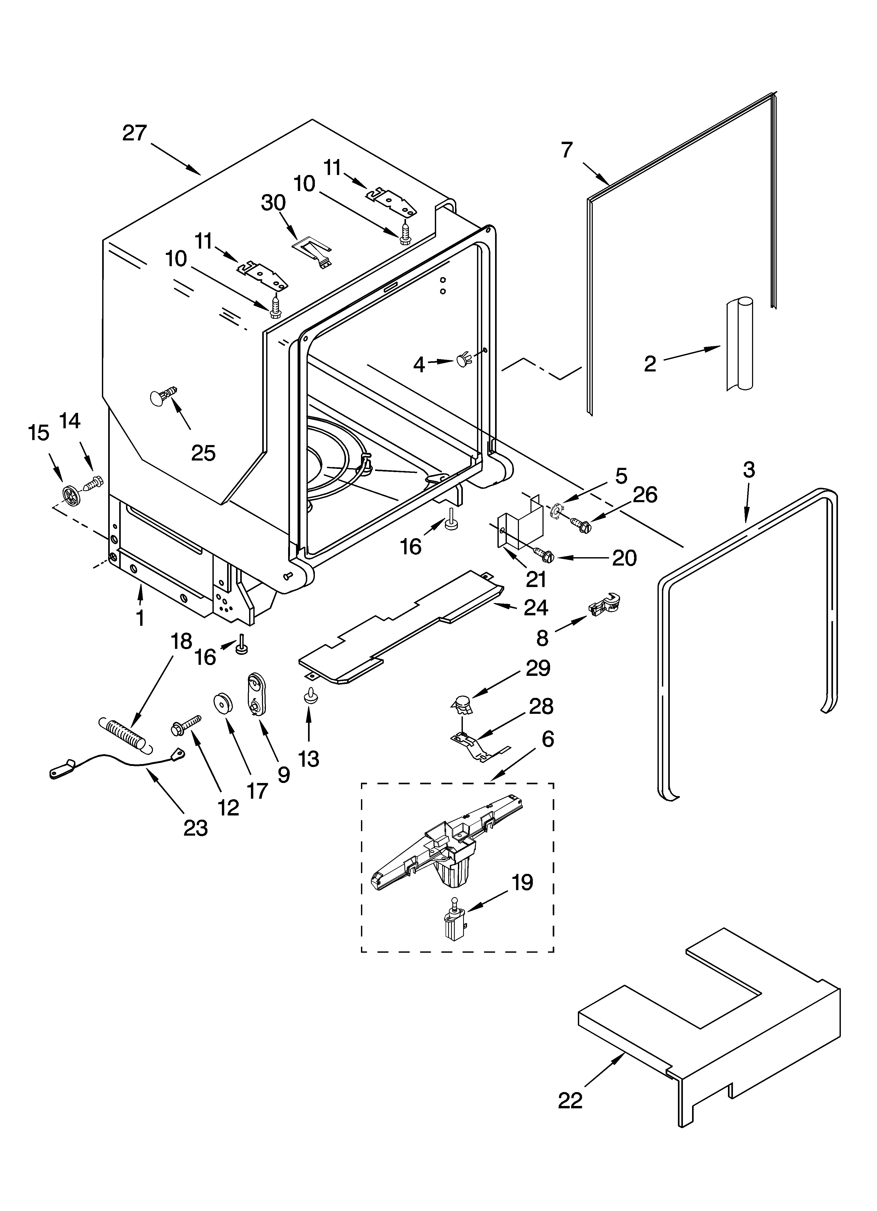 KitchenAid KUDU03STBL1 tub and frame parts diagram