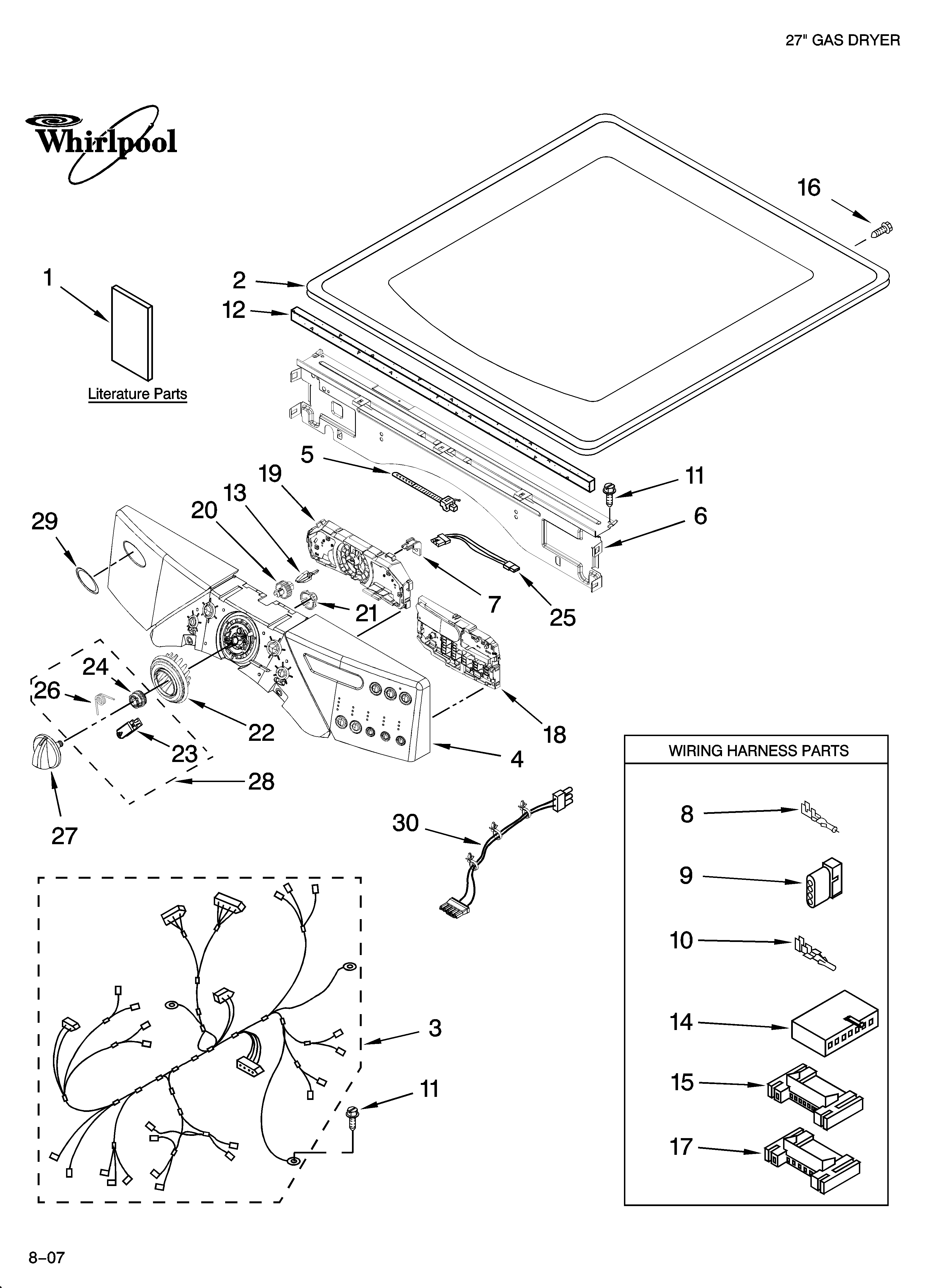 Whirlpool WGD9600TW0 top and console parts diagram