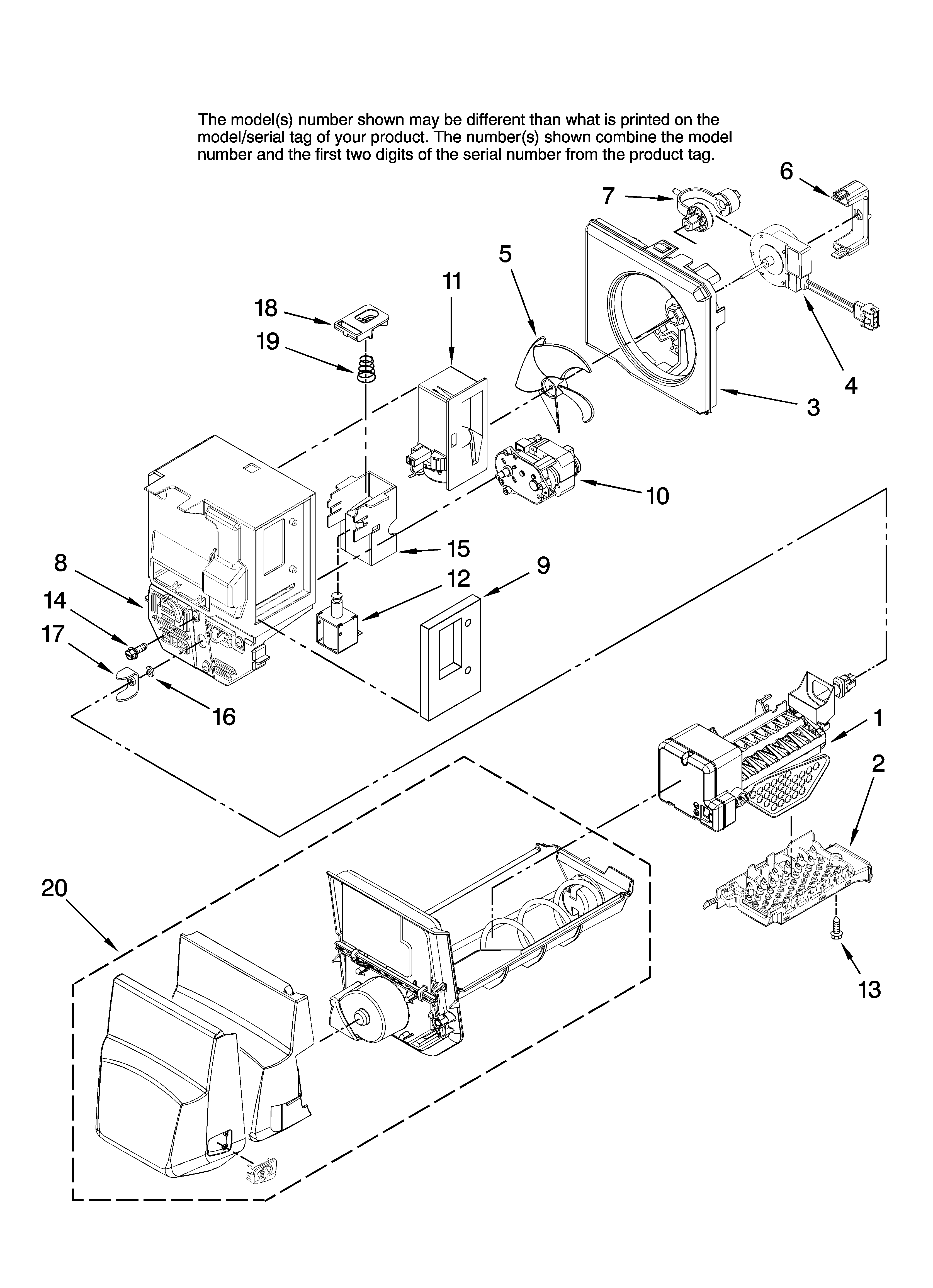Amana AFI2538AEQ12 motor and ice container parts diagram