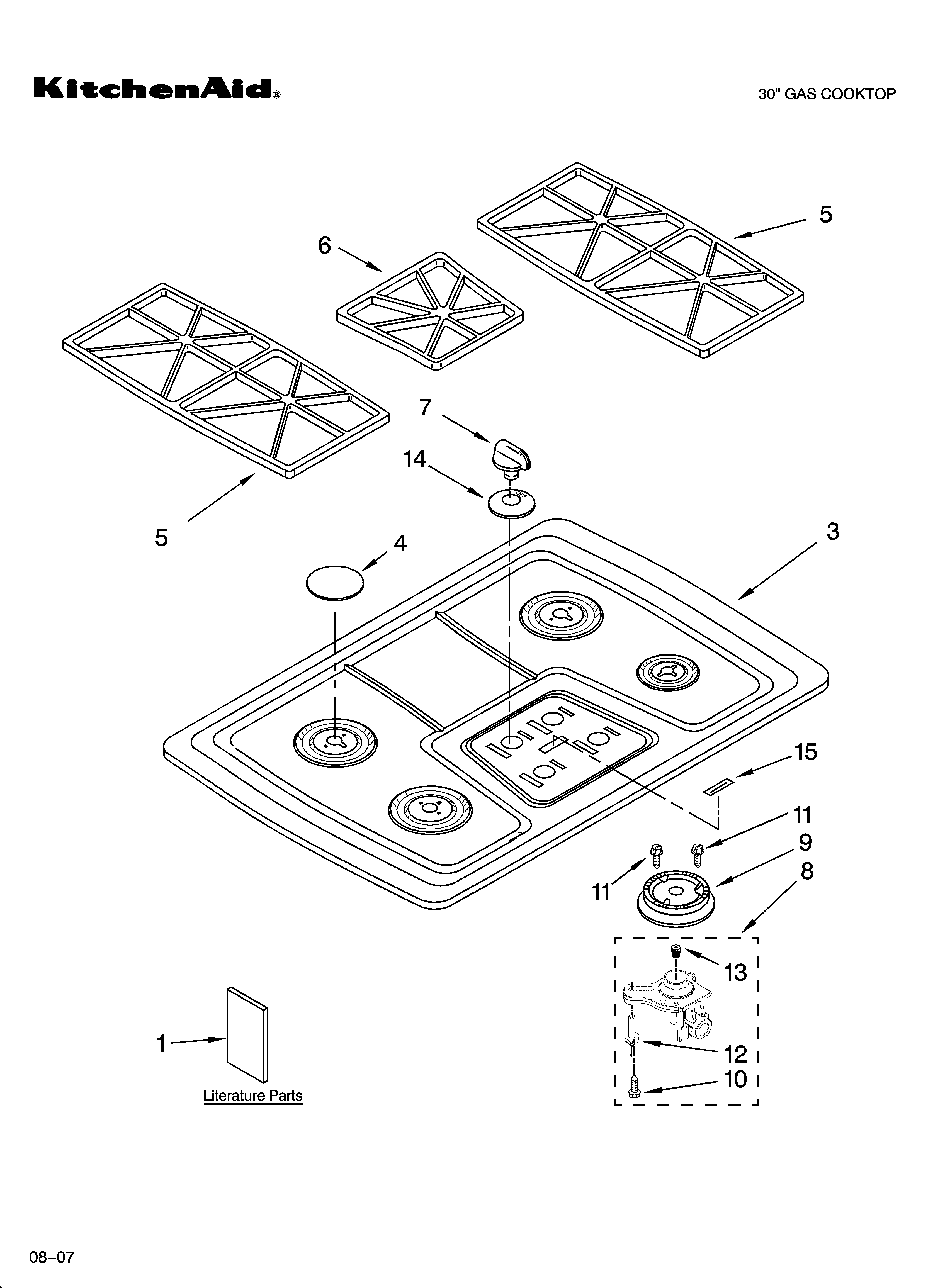 KitchenAid KGCS105GSS09 cooktop, burner and grate parts diagram