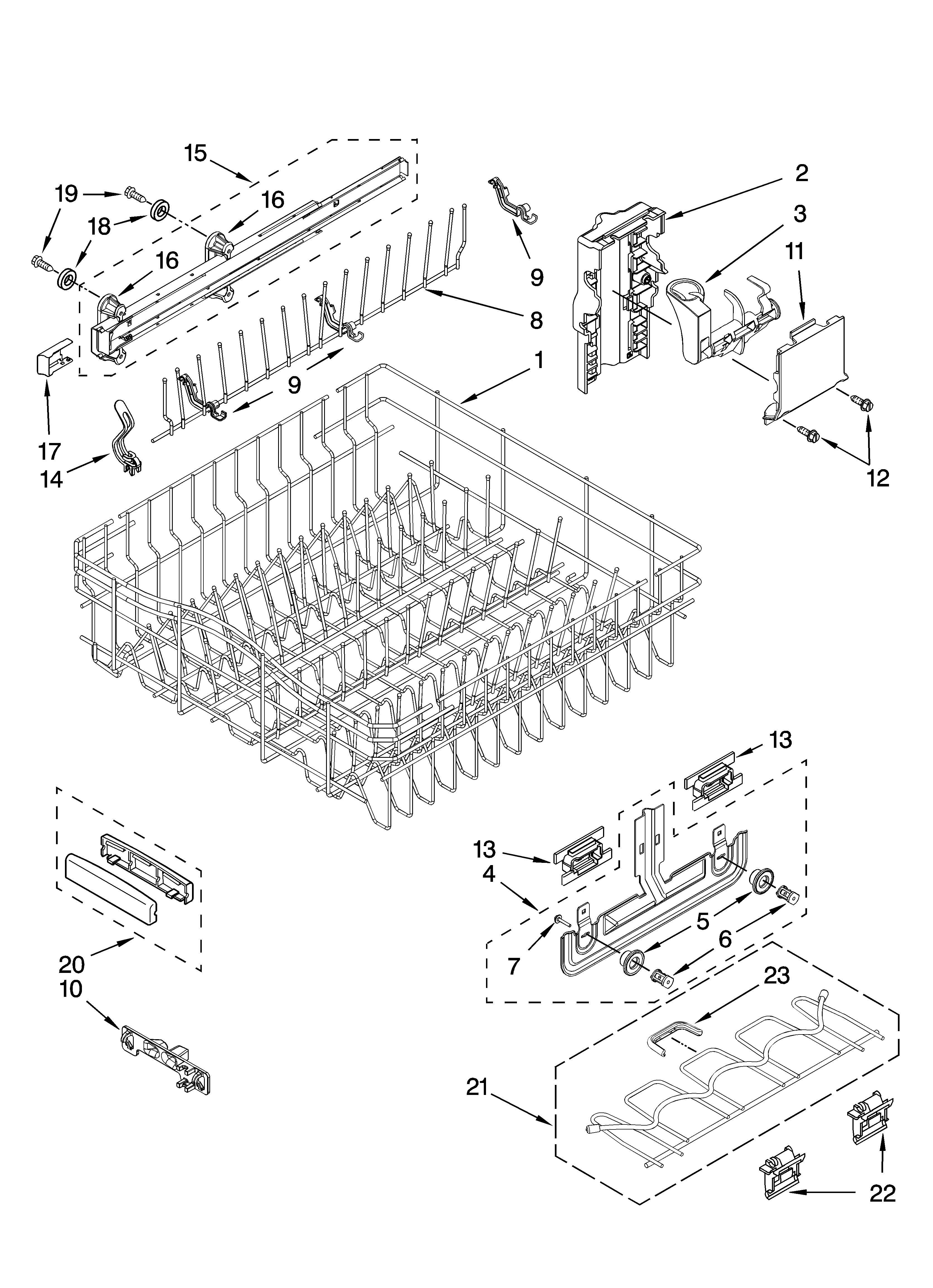 KitchenAid KUDT03STWH1 upper rack and track parts diagram