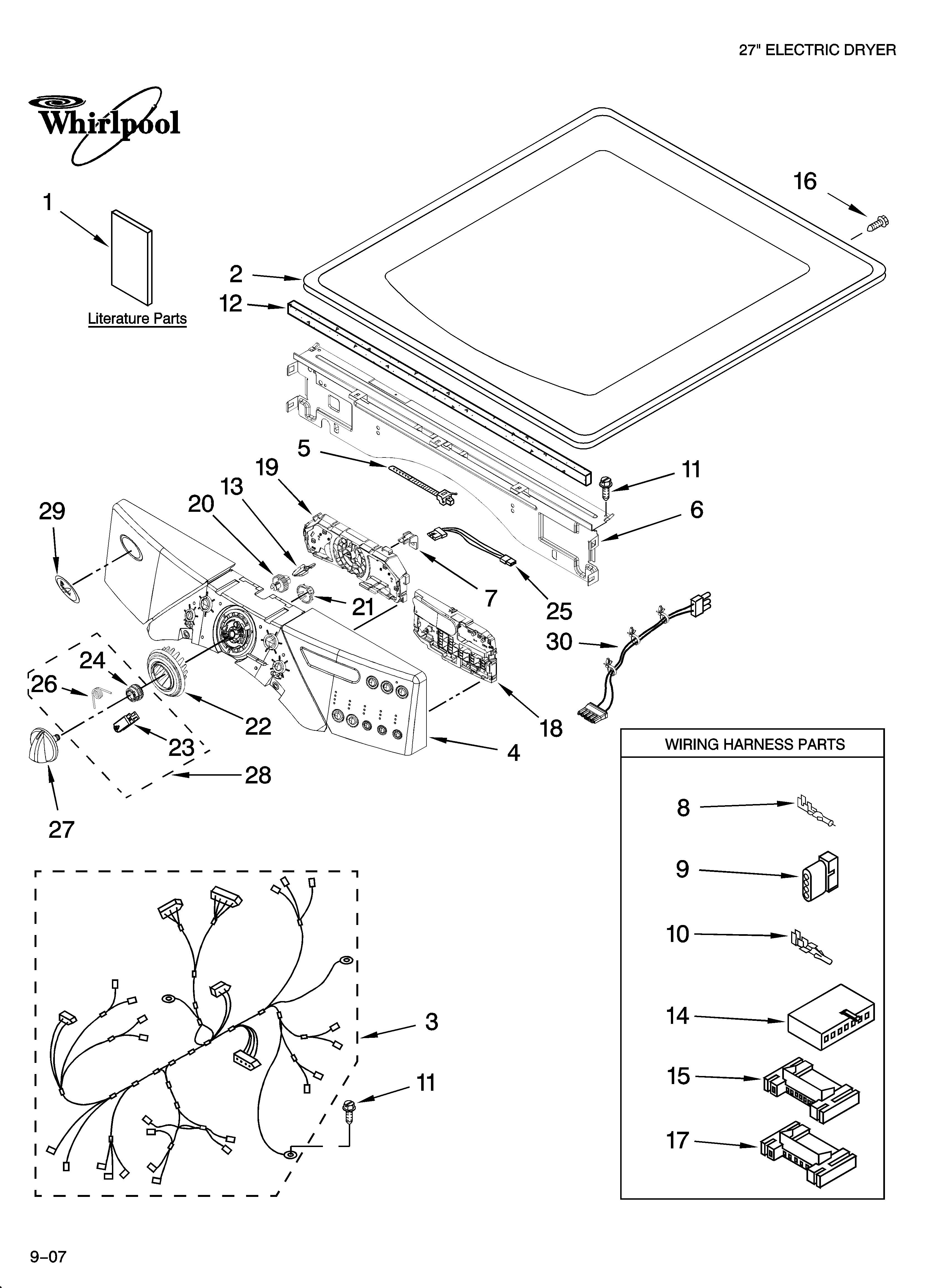 Whirlpool WED9600TW0 top and console parts diagram