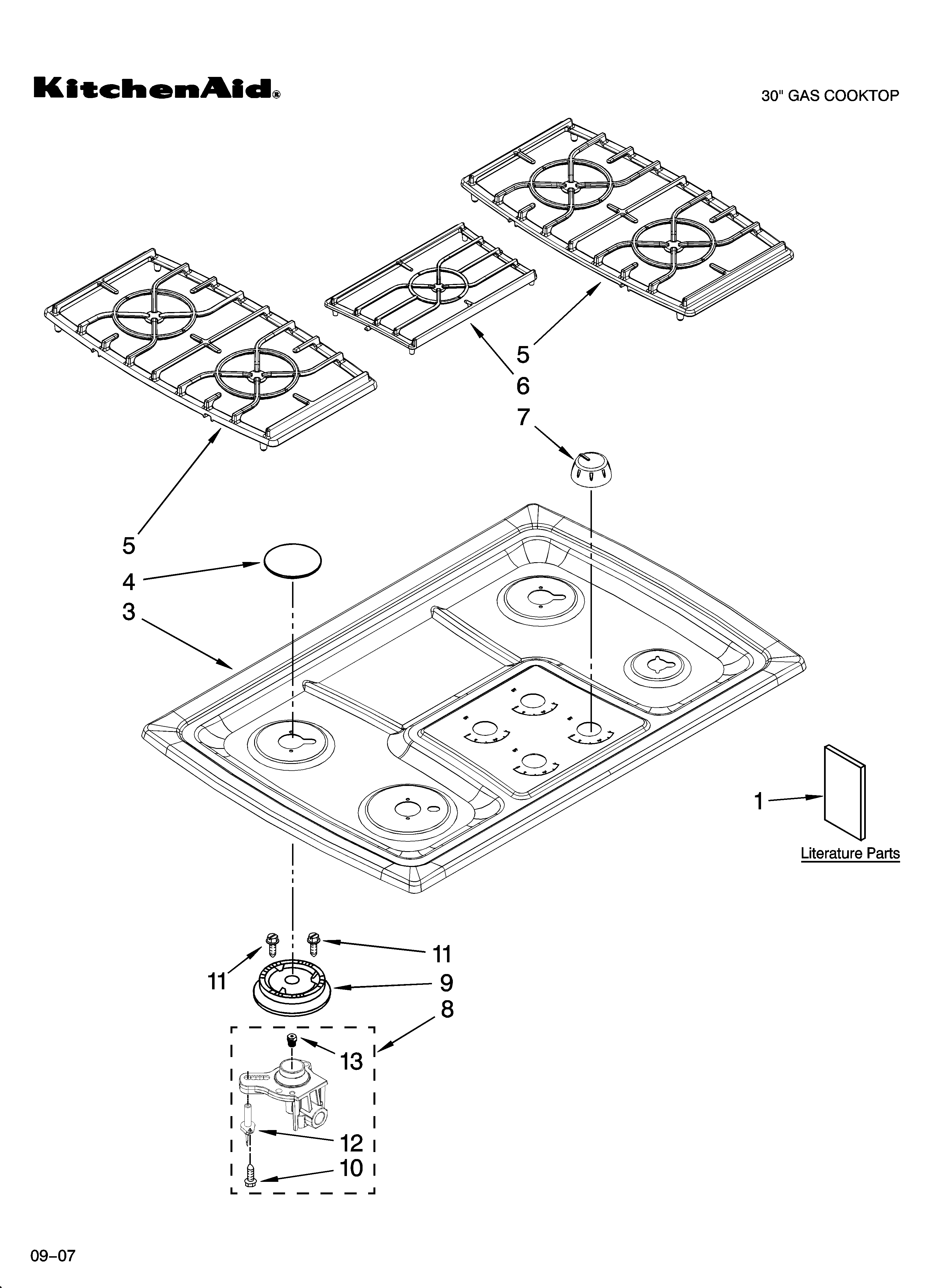KitchenAid KGCC706RSS02 cooktop, burner and grate parts diagram
