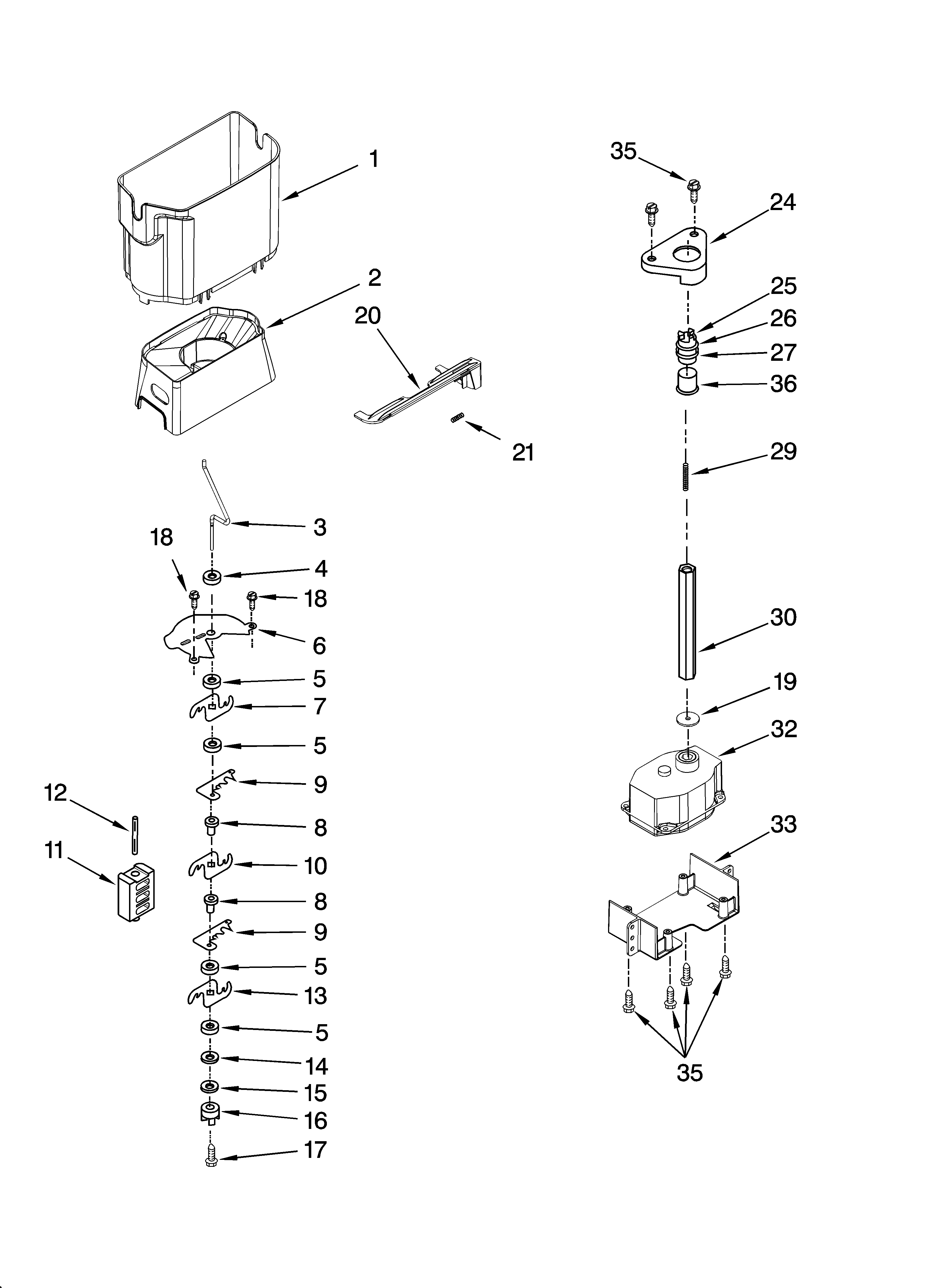 KitchenAid KSRS25RSMS01 motor and ice container parts diagram
