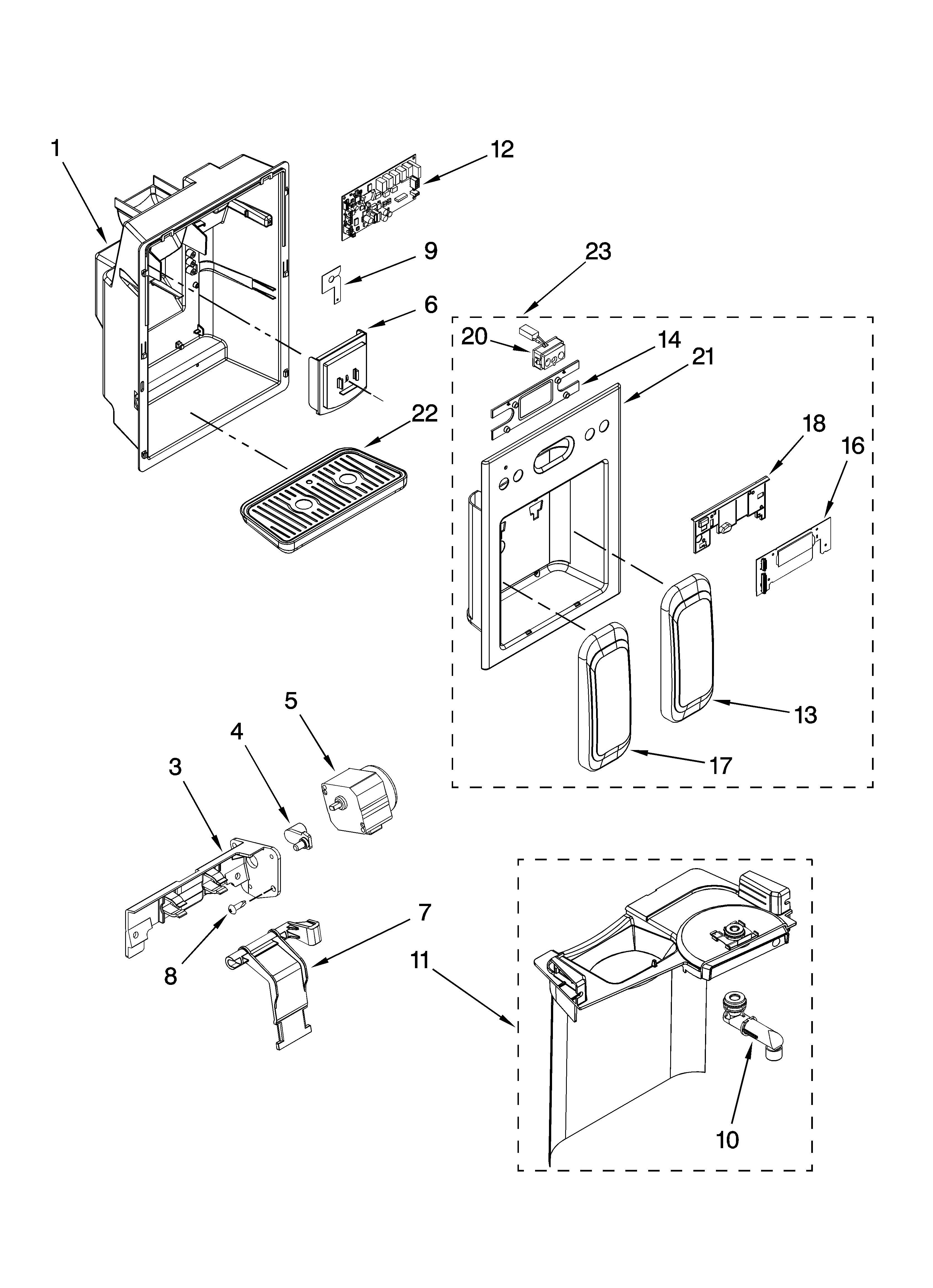 KitchenAid KSRS25RSMS01 dispenser front parts diagram