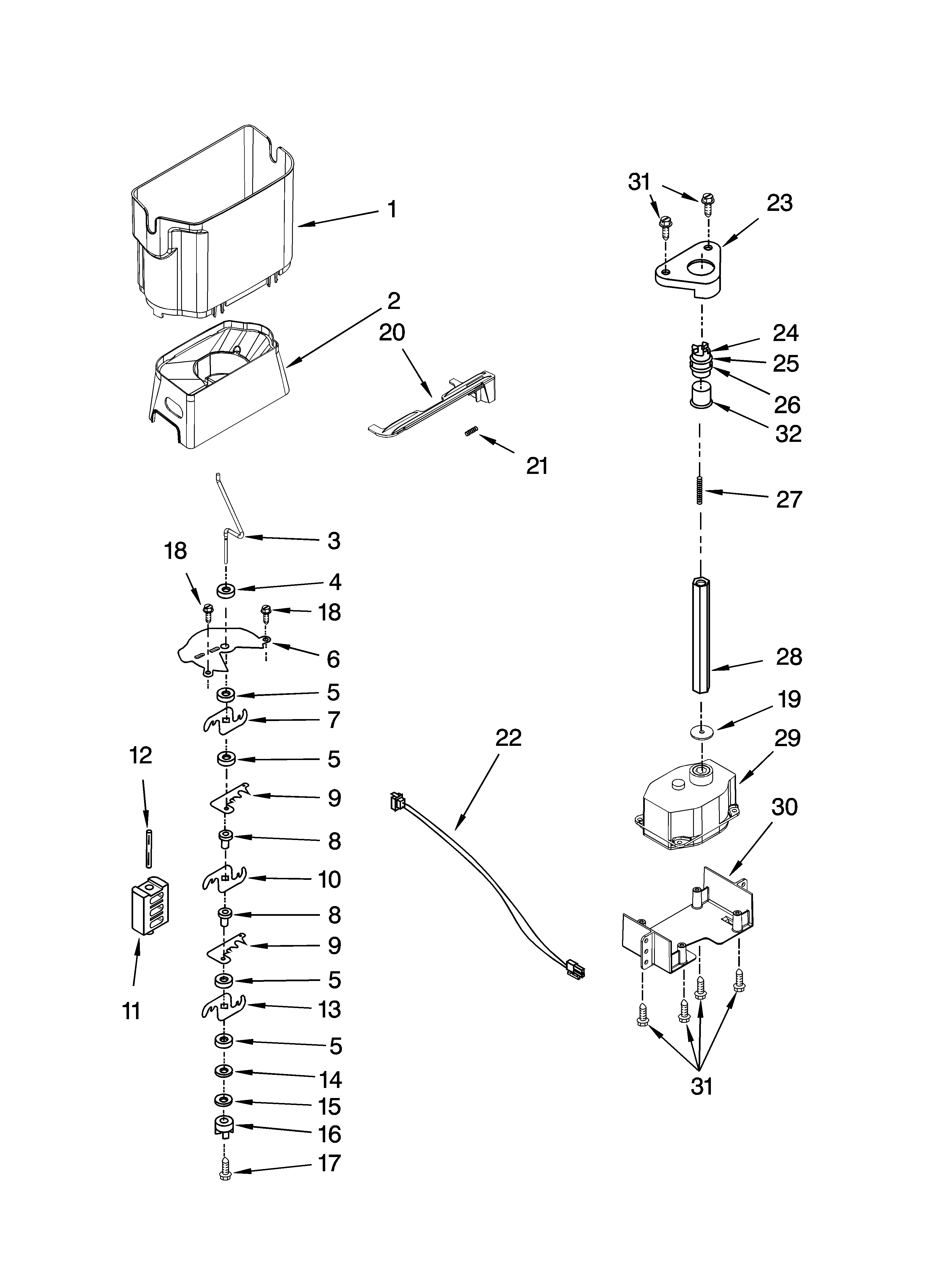 KitchenAid KSRY25CVMS00 motor and ice container parts diagram