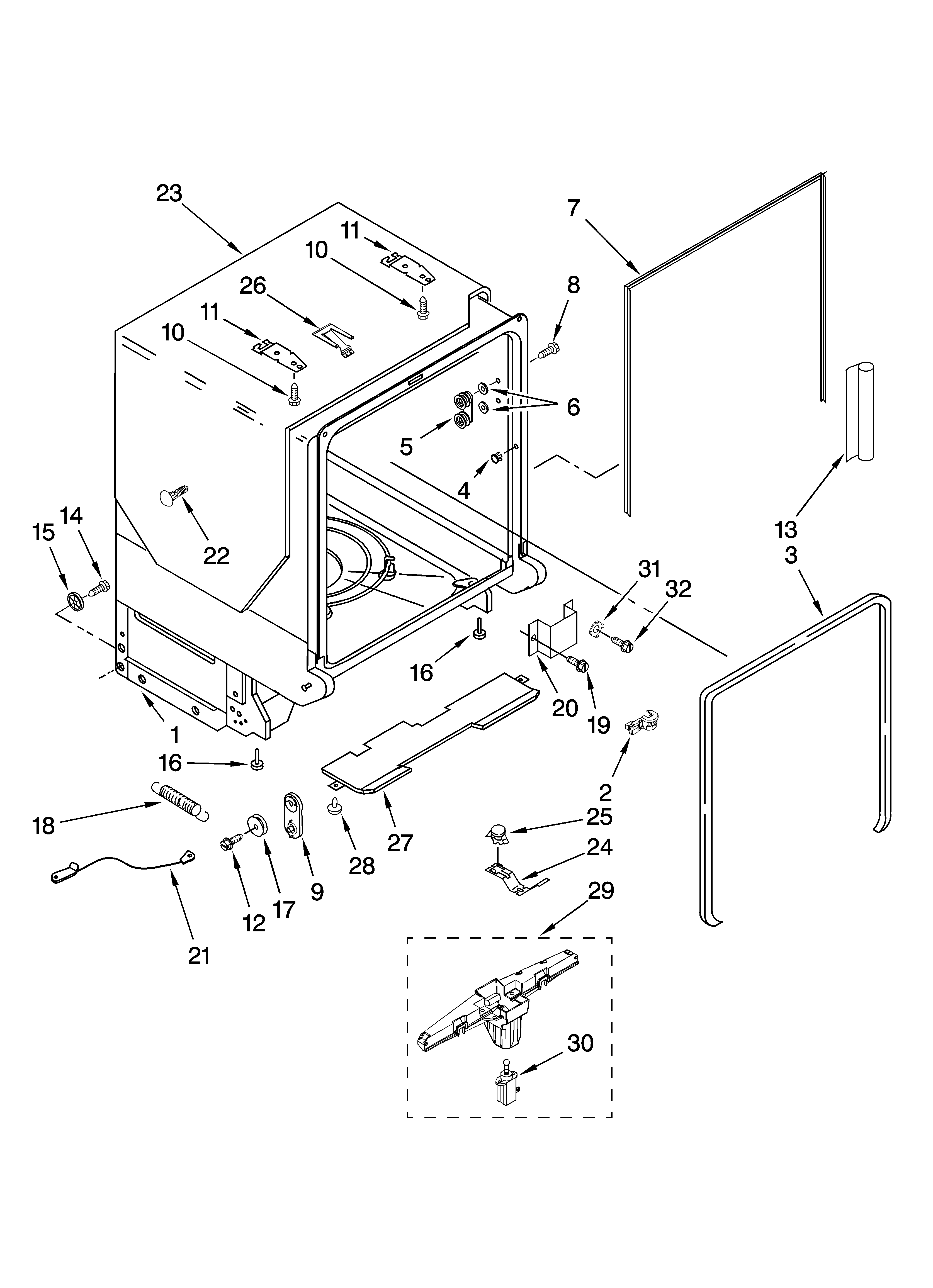 KitchenAid KUDA03CTBS2 tub and frame parts diagram