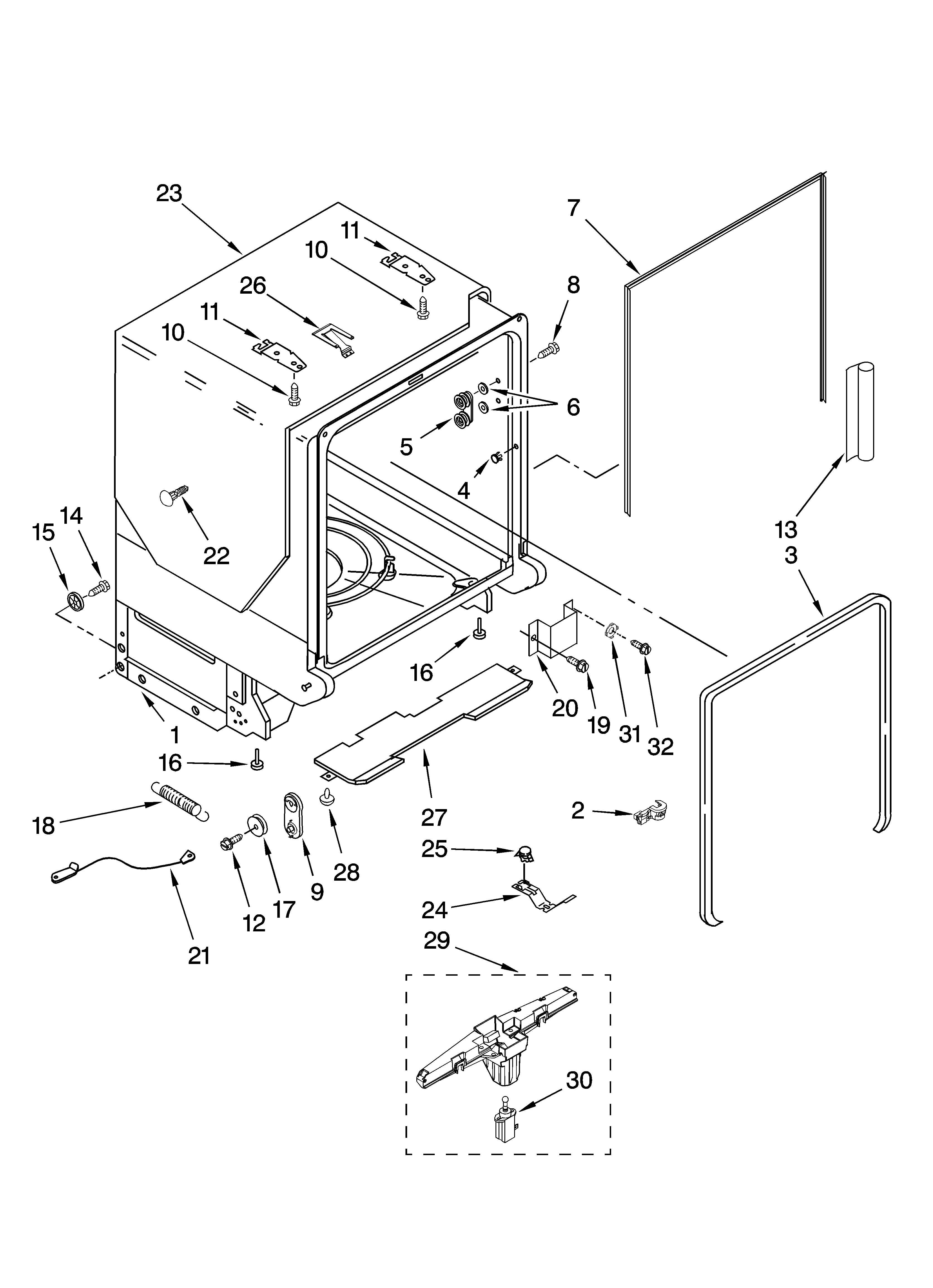 KitchenAid KUDB03CTBS2 tub and frame parts diagram