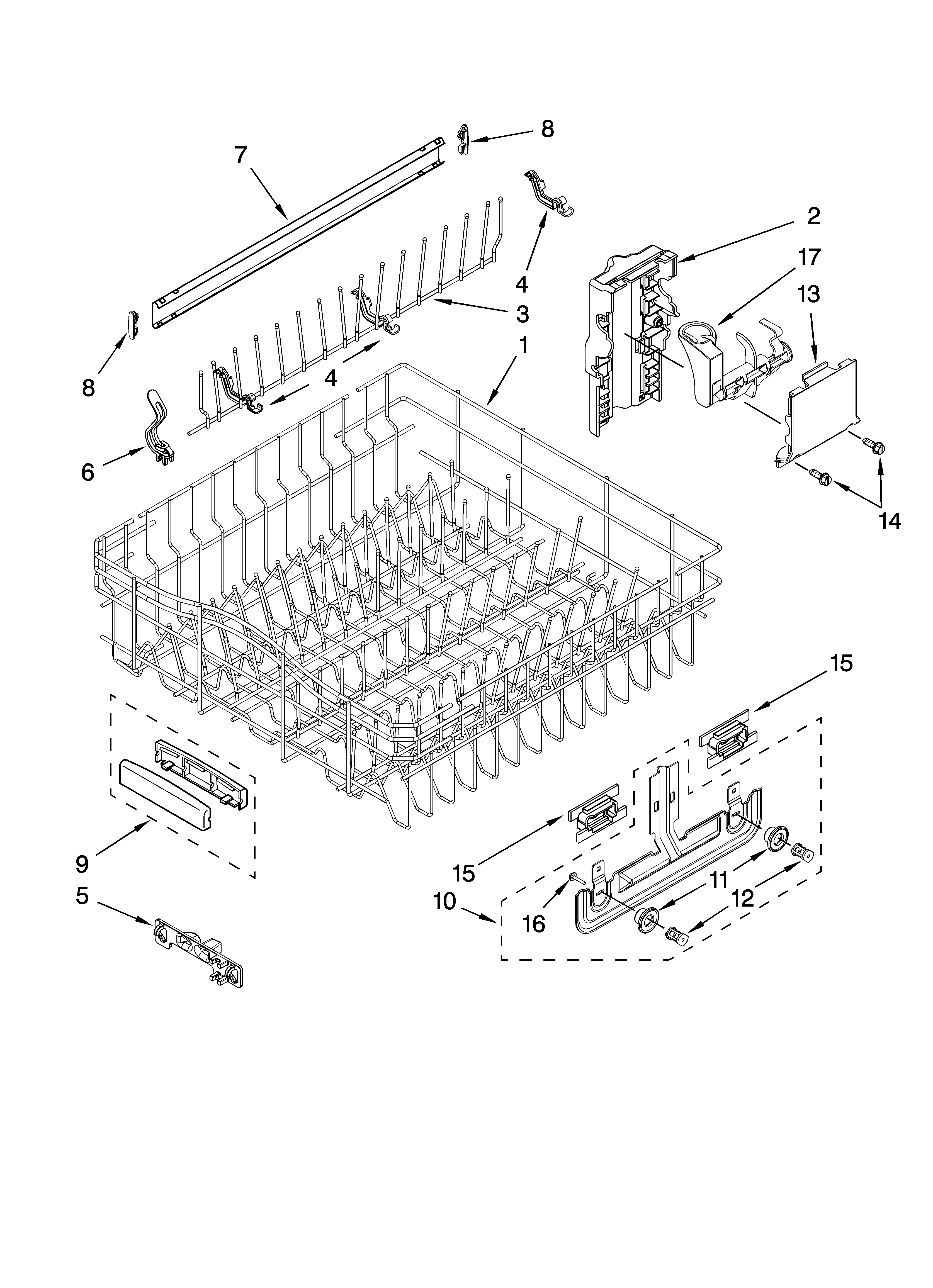 KitchenAid KUDB03CTBS2 upper rack and track parts diagram