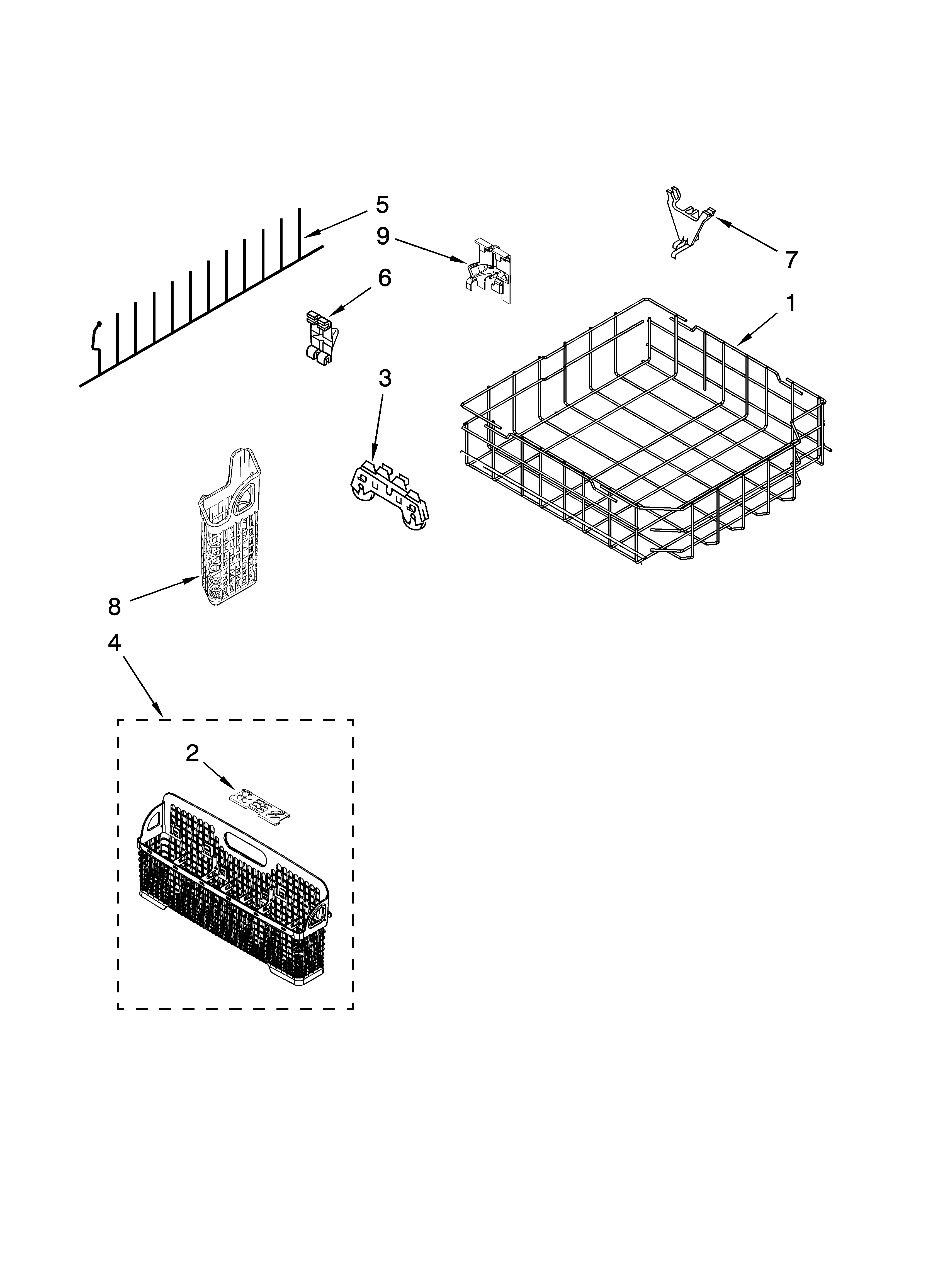 KitchenAid KUDB03CTBS2 lower rack parts, optional parts (not included) diagram