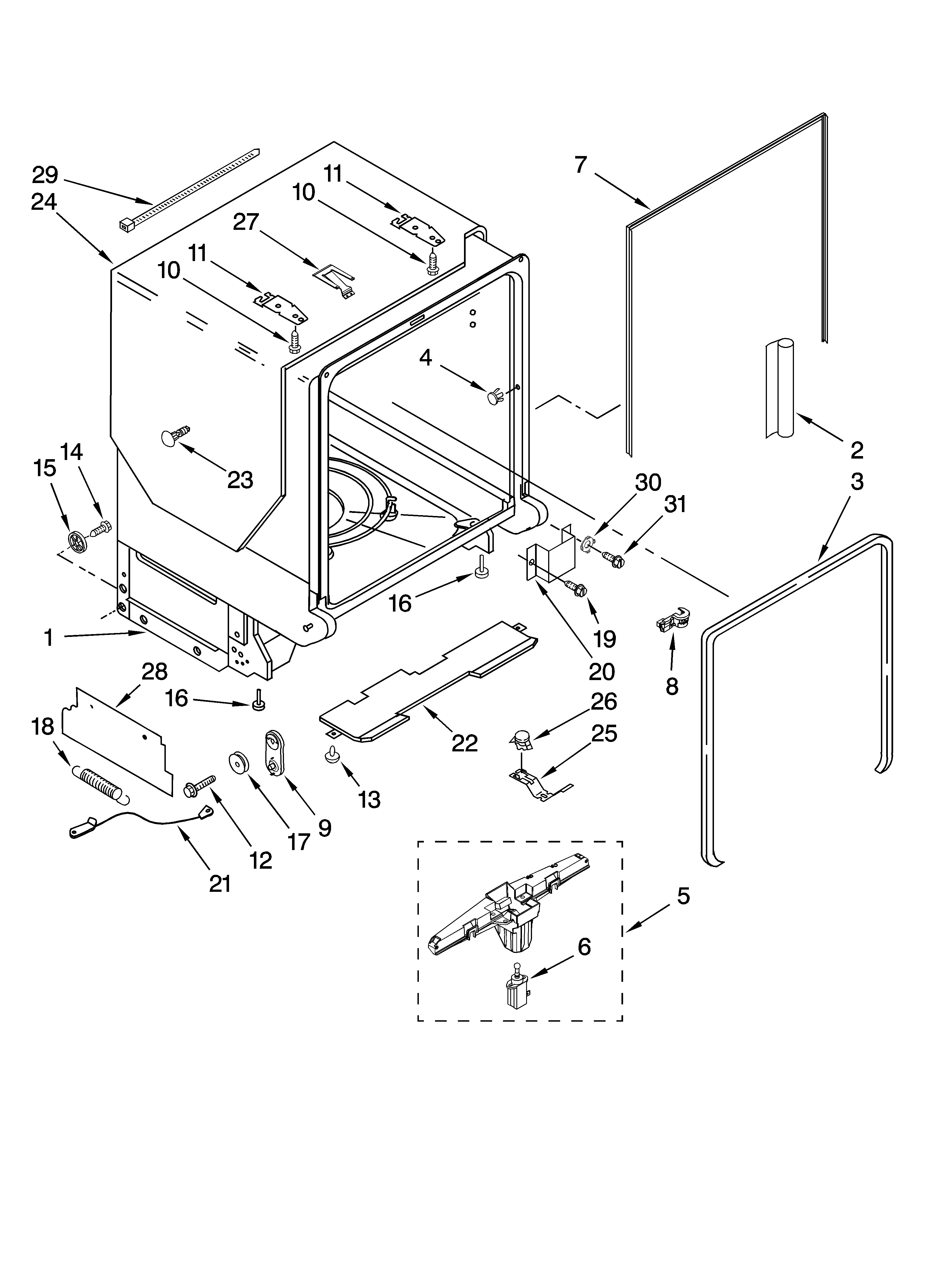 KitchenAid KUDT03FTBL2 tub and frame parts diagram