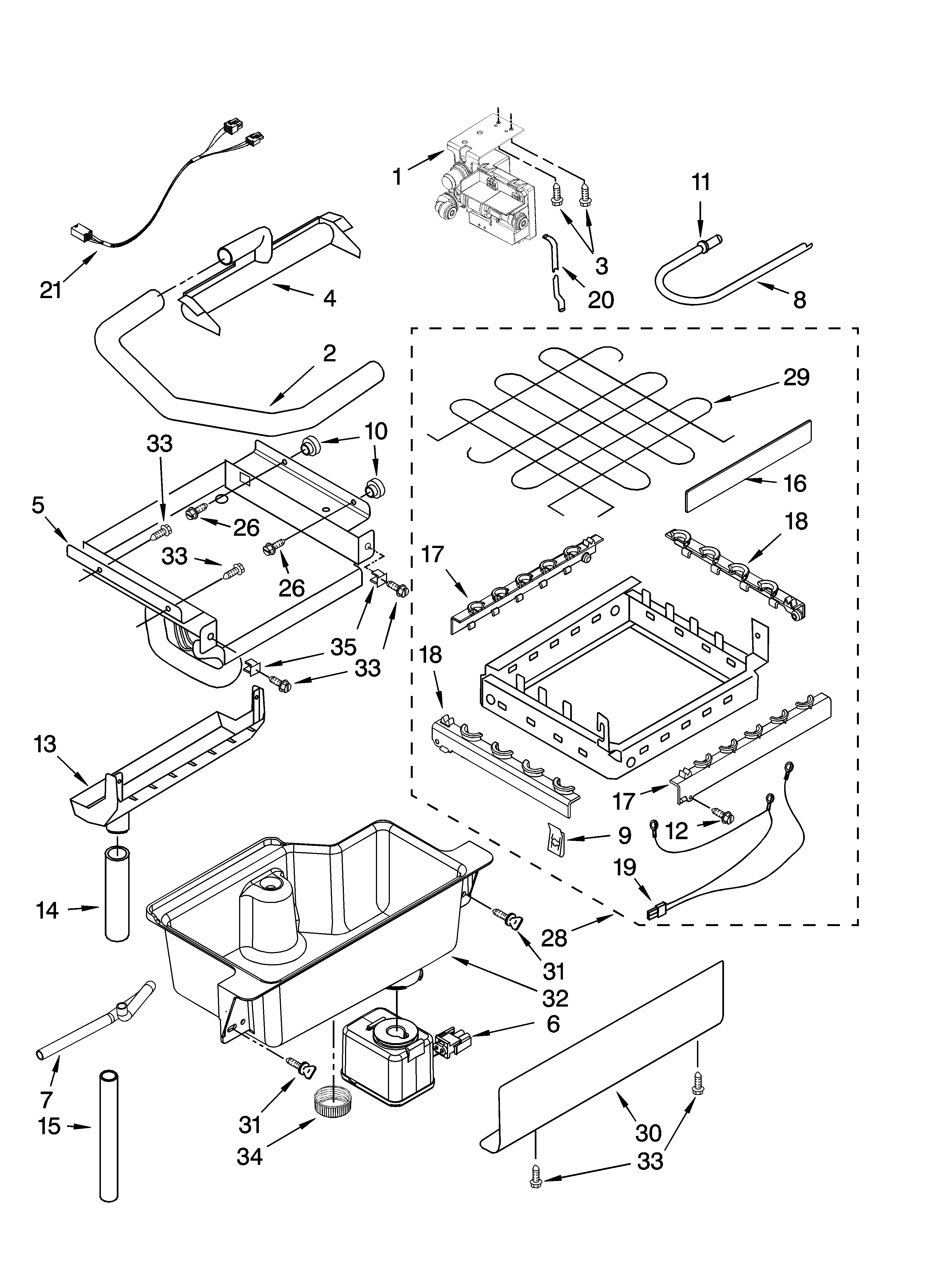 Whirlpool GI15NFLTB1 evaporator, ice cutter grid and water parts diagram