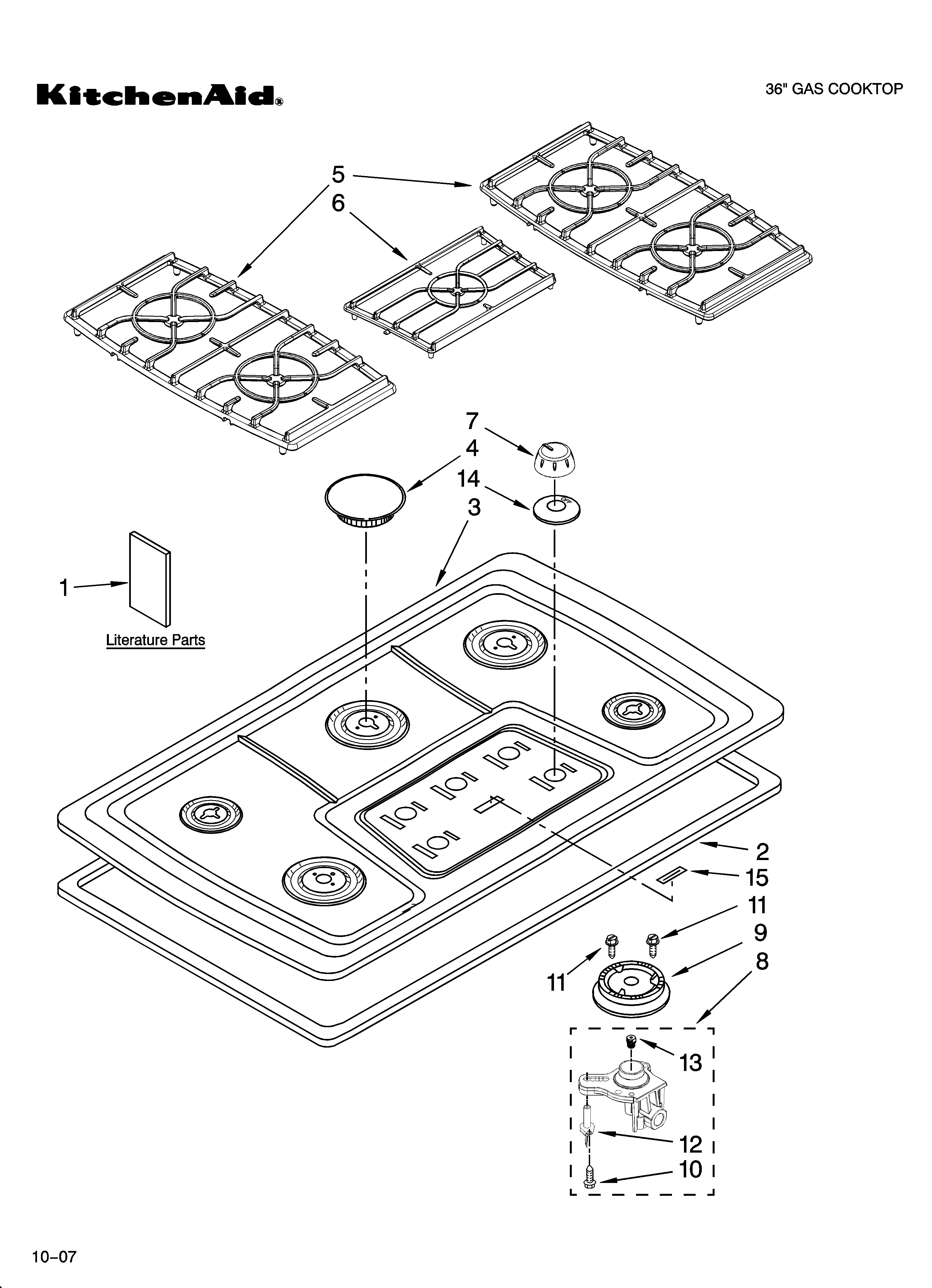 KitchenAid KGCS166GSS09 cooktop, burner and grate parts diagram