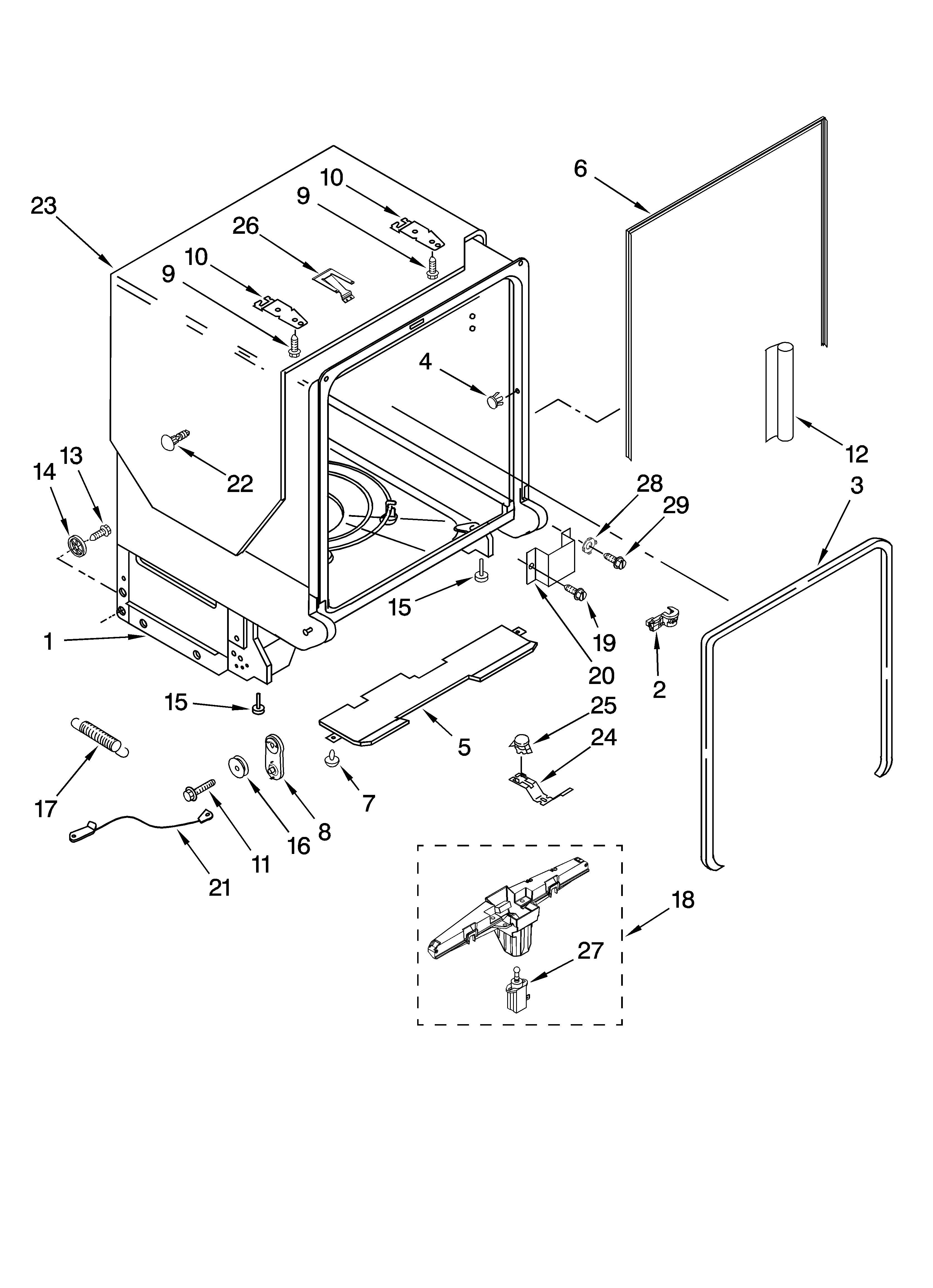 KitchenAid KUDS03CTWH2 tub and frame parts diagram